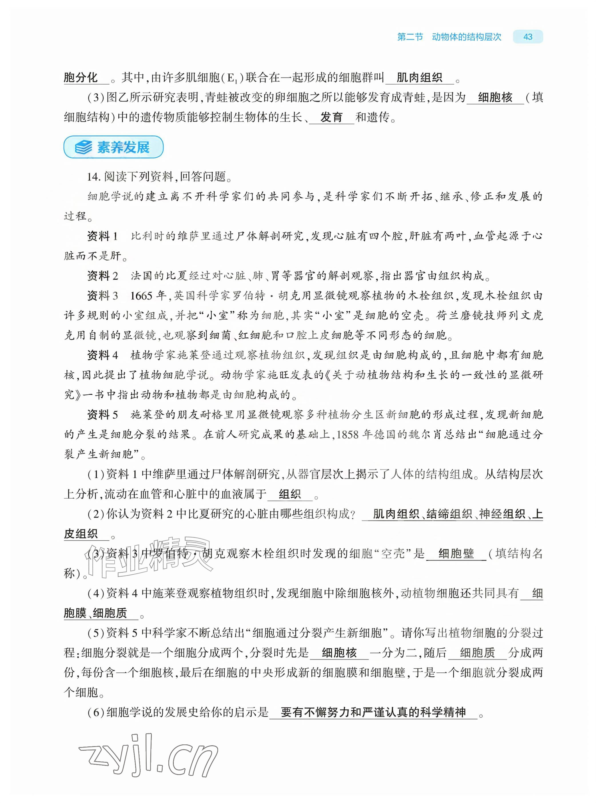 2026年基础训练大象出版社七年级生物上册人教版&nbsp;参考答案第43页