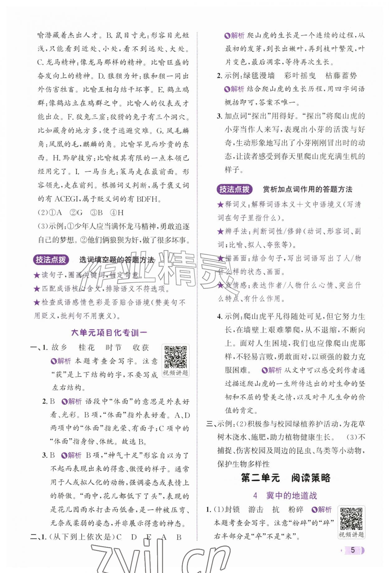 2026年奔跑吧天天练五年级语文上册人教版&nbsp;参考答案第5页
