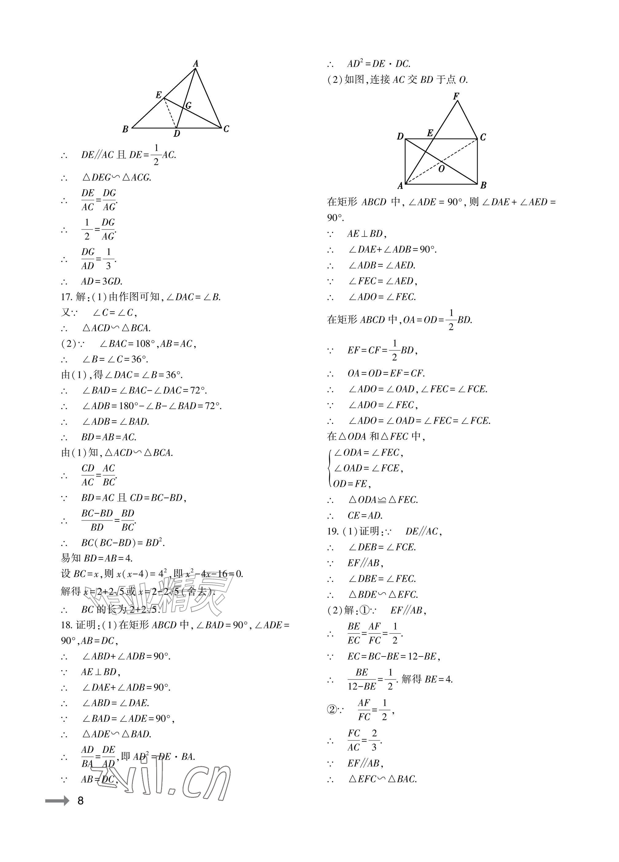 2026年节节高大象出版社九年级数学全一册华师大版&nbsp;参考答案第8页