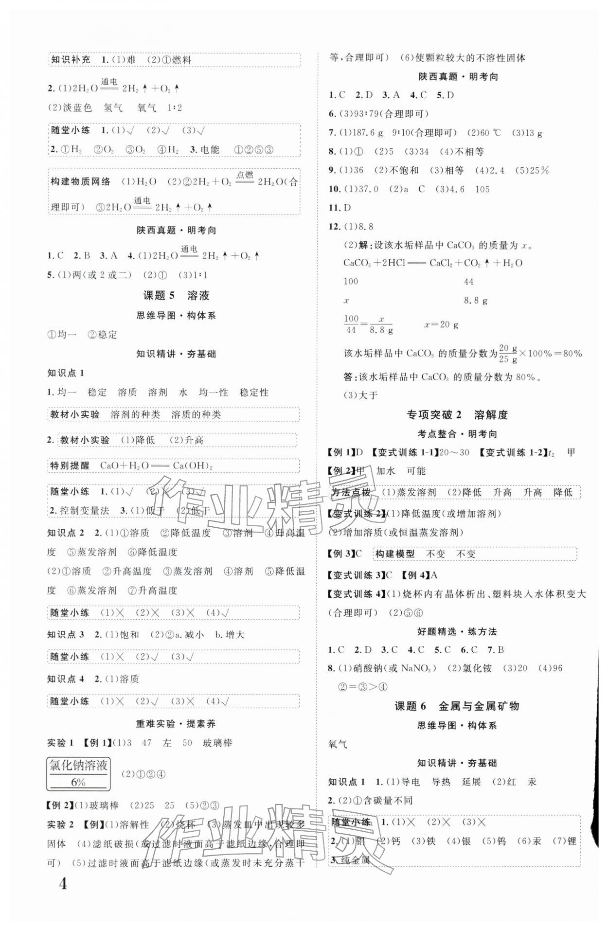 2026年中考总复习优化指导化学陕西中考&nbsp;参考答案第4页