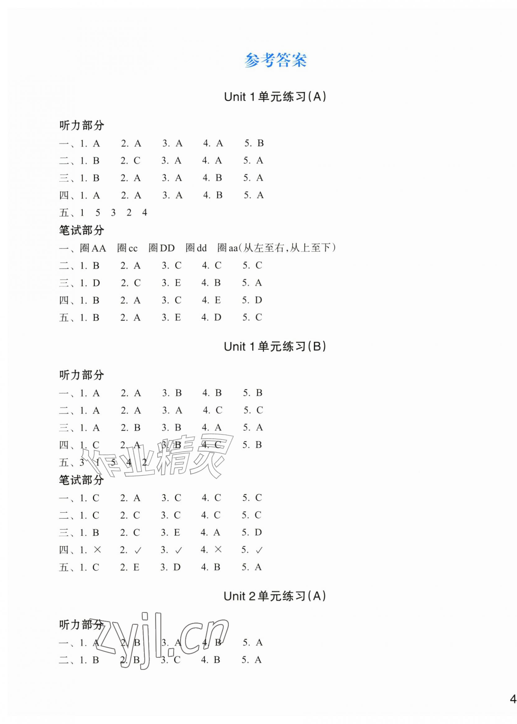 2026年新编单元能力训练卷三年级英语上册人教版&nbsp;参考答案第1页
