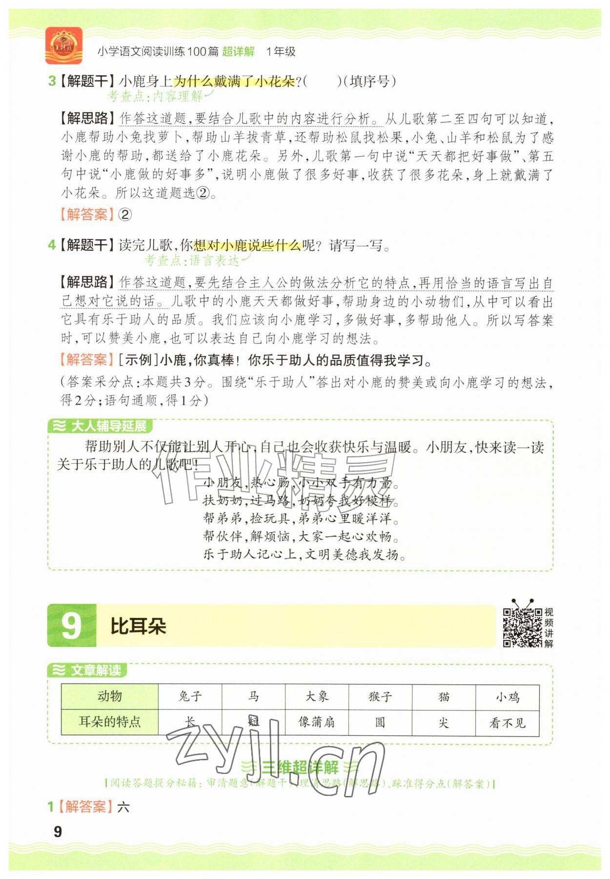 2026年王朝霞小学语文阅读训练100篇一年级语文人教版&nbsp;参考答案第9页