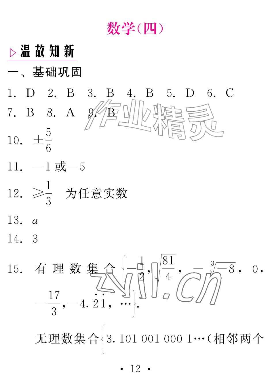 2026年天舟文化精彩暑假团结出版社七年级数学全一册通用版&nbsp;参考答案第12页