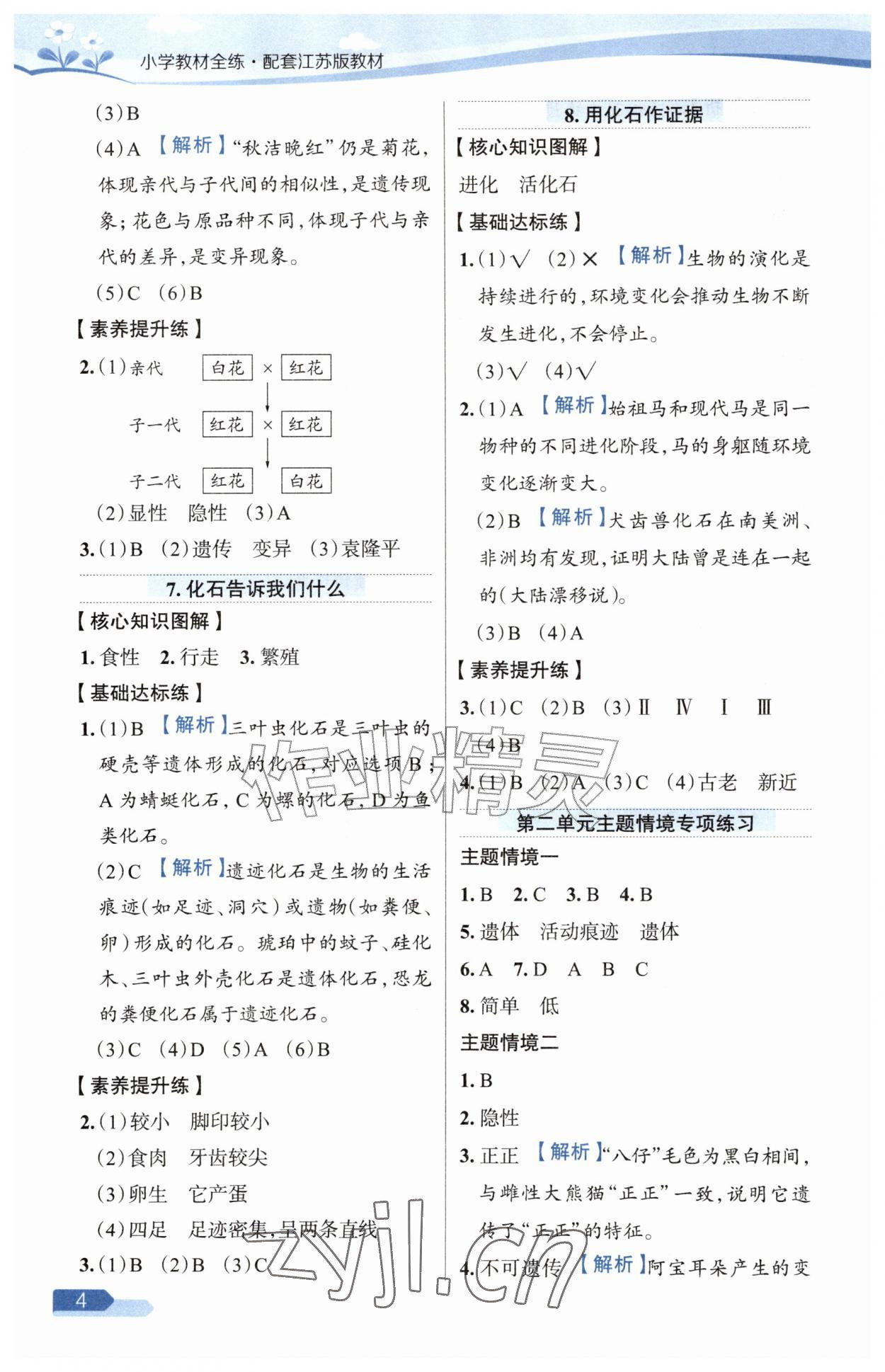 2026年教材全练六年级科学上册苏教版&nbsp;参考答案第4页