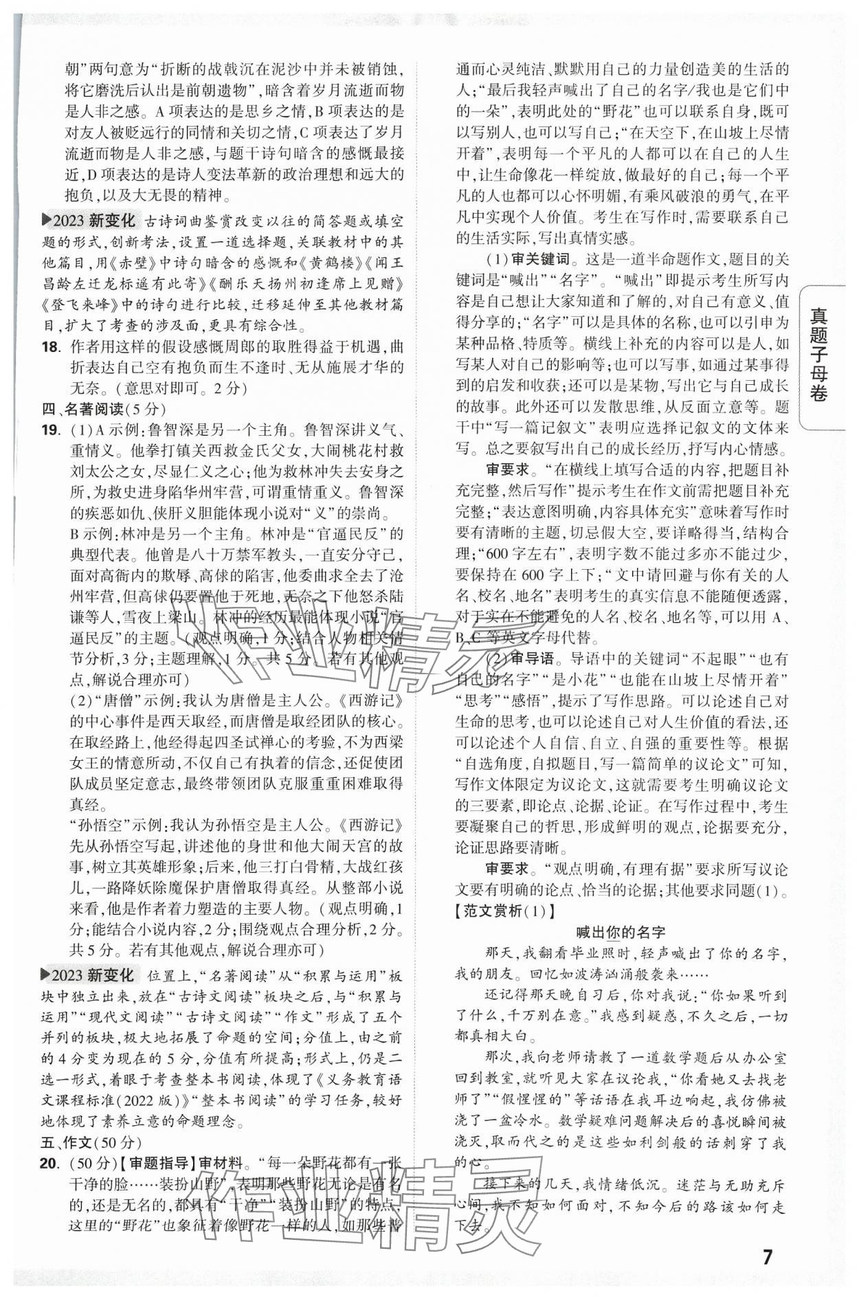 2024年万唯中考真题子母卷语文河南专版&nbsp;参考答案第7页