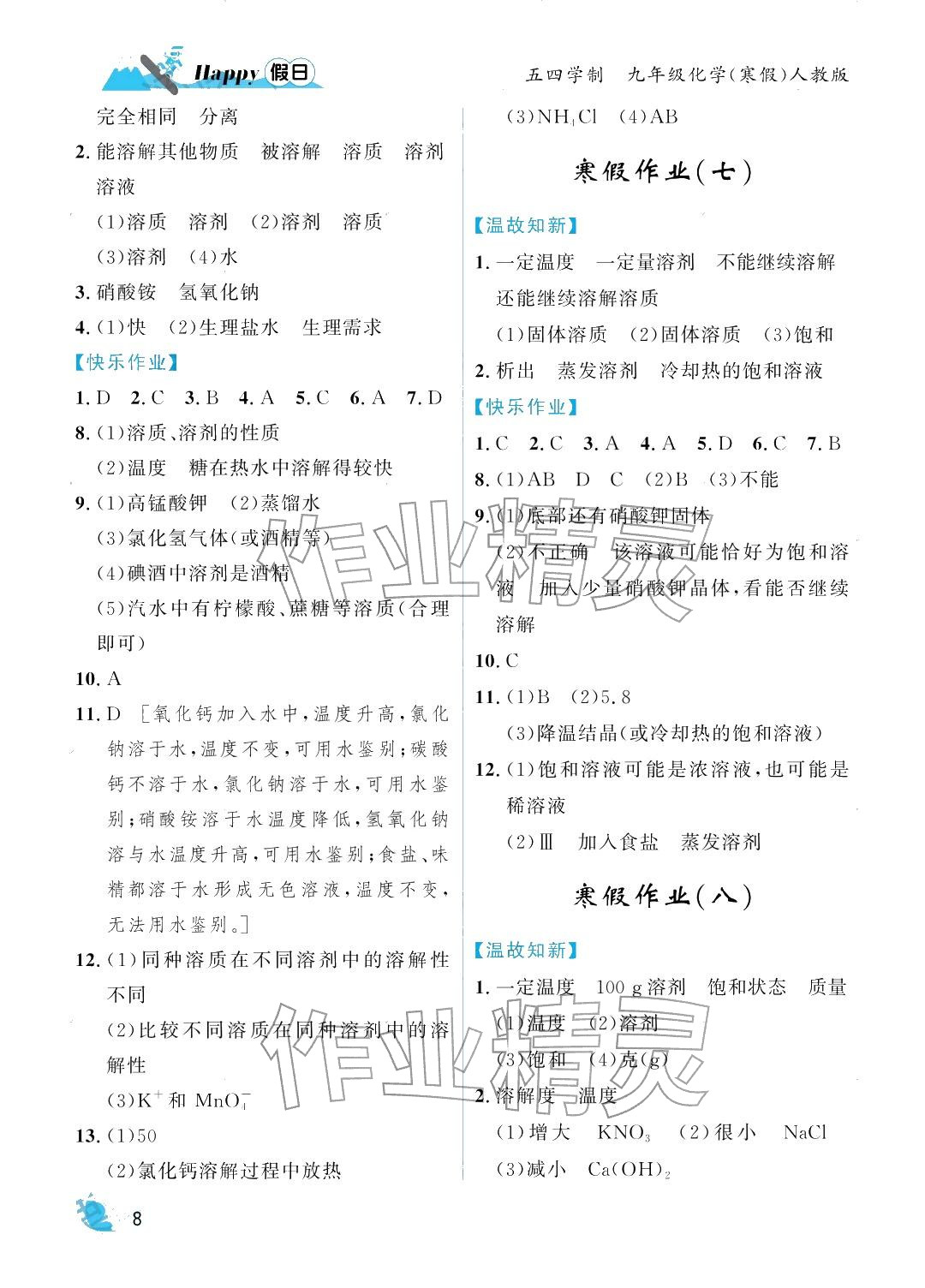 2026年寒假Happy假日九年级化学人教版五四制&nbsp;参考答案第8页