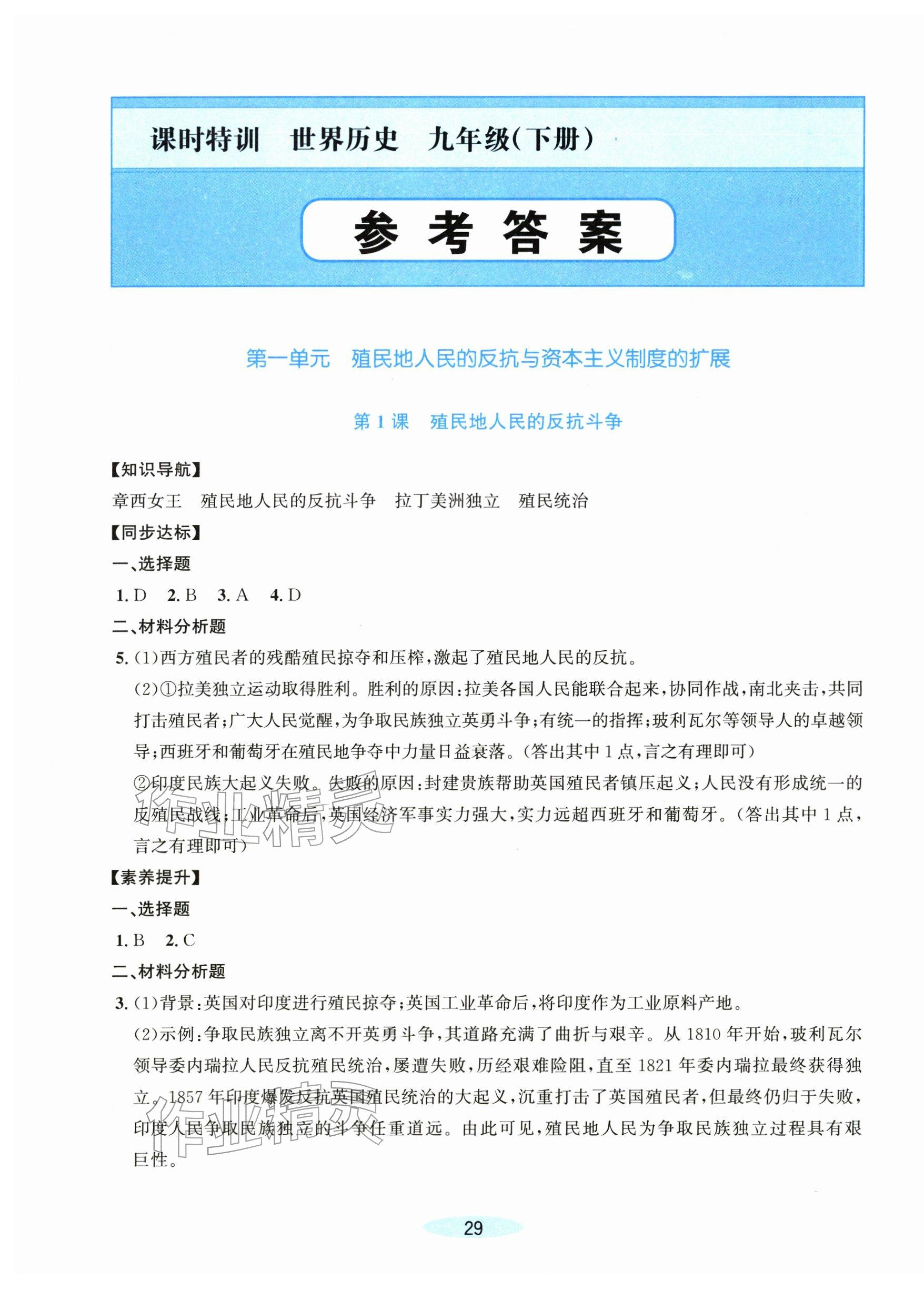 2026年课时特训九年级历史下册人教版&nbsp;第1页
