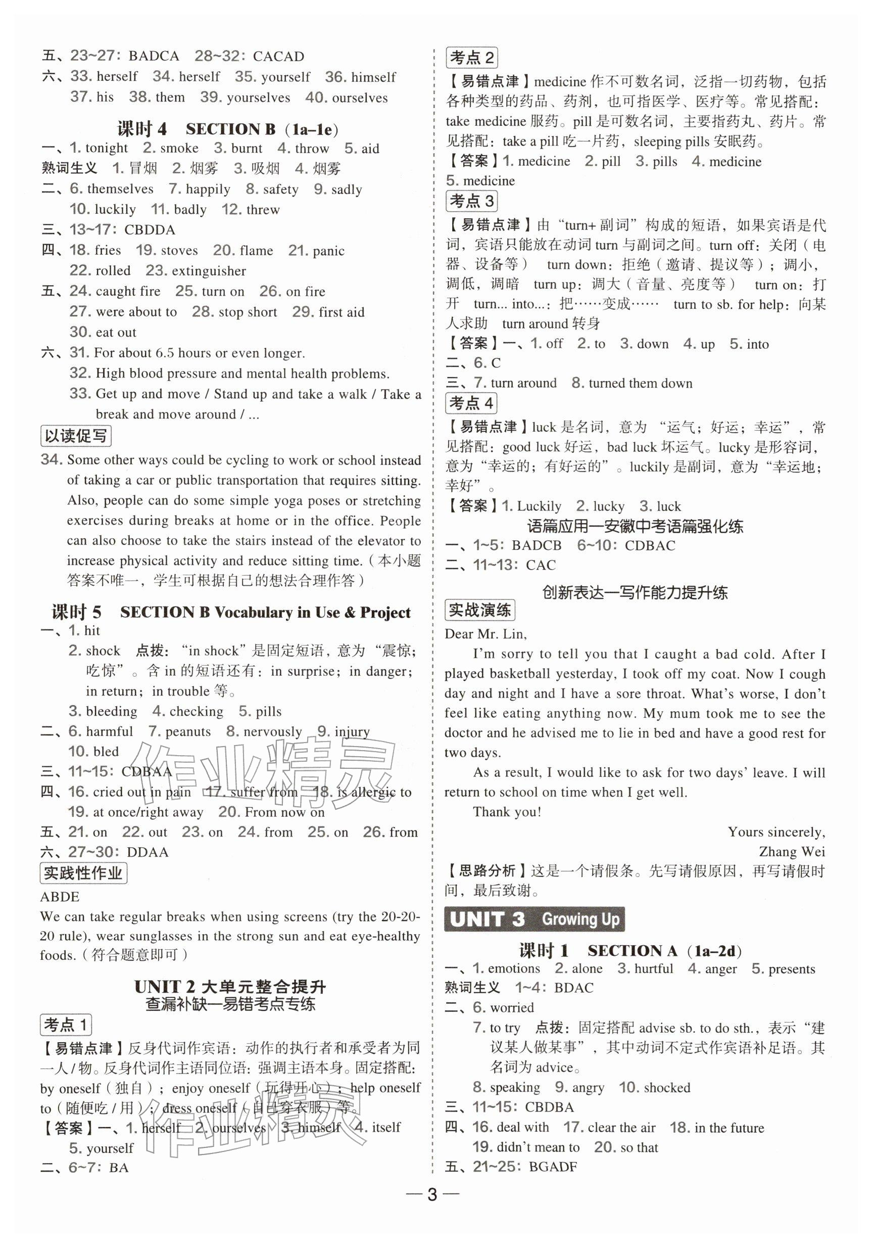 2026年点拨训练八年级英语下册人教版安徽专版&nbsp;参考答案第3页