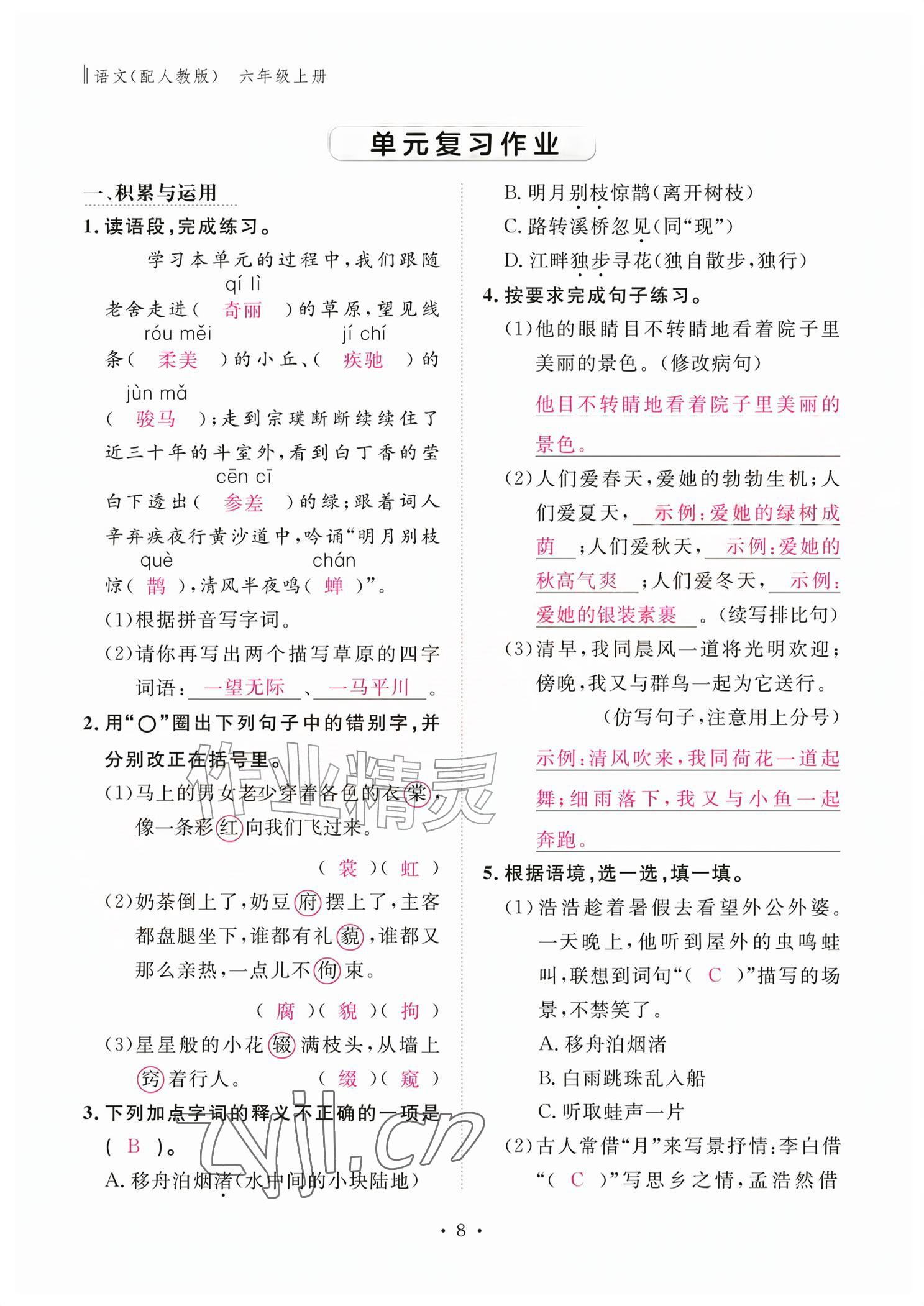 2026年作业本江西教育出版社六年级语文上册人教版&nbsp;参考答案第8页