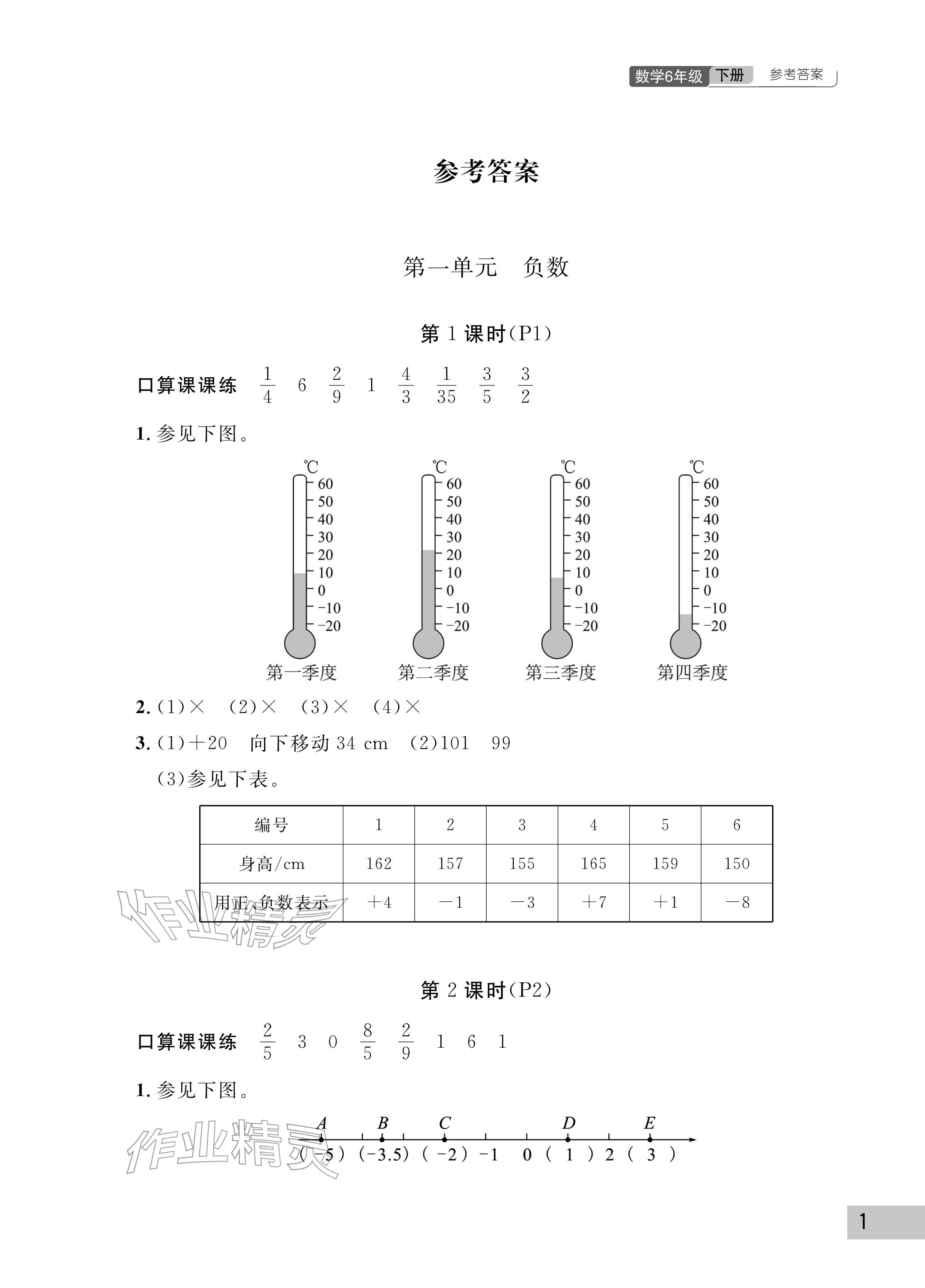 2026年课堂作业武汉出版社六年级数学下册人教版&nbsp;参考答案第1页