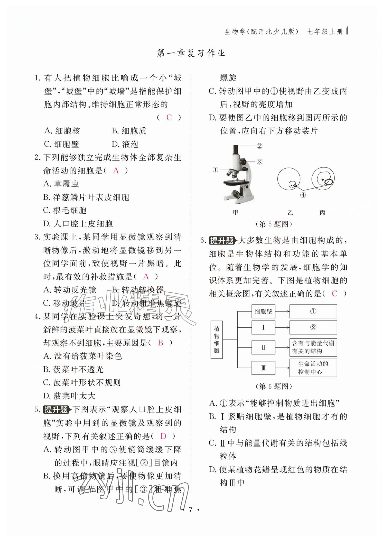 2026年作业本江西教育出版社七年级生物上册冀少版&nbsp;参考答案第7页