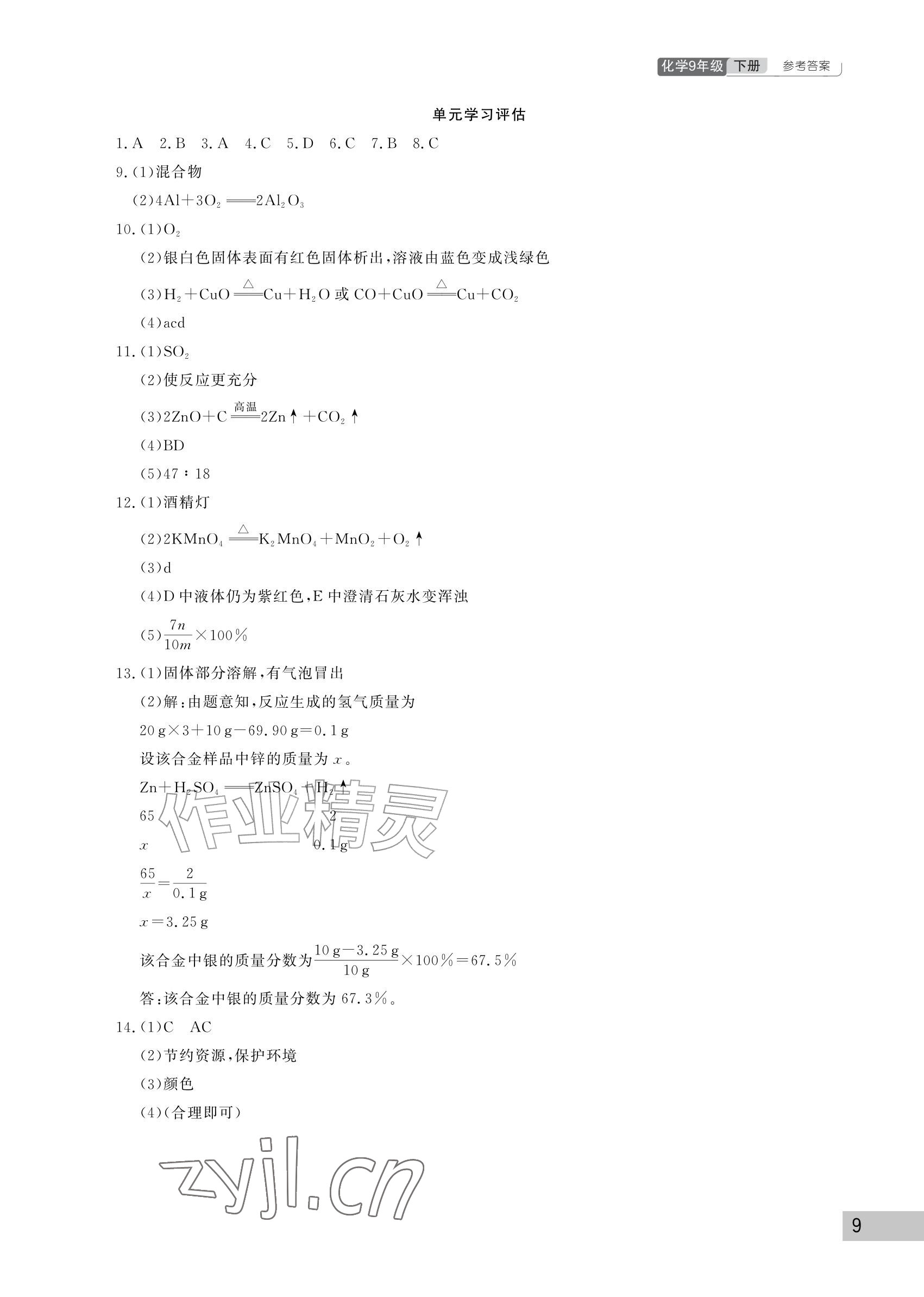 2027年课堂作业武汉出版社九年级化学下册人教版&nbsp;参考答案第9页