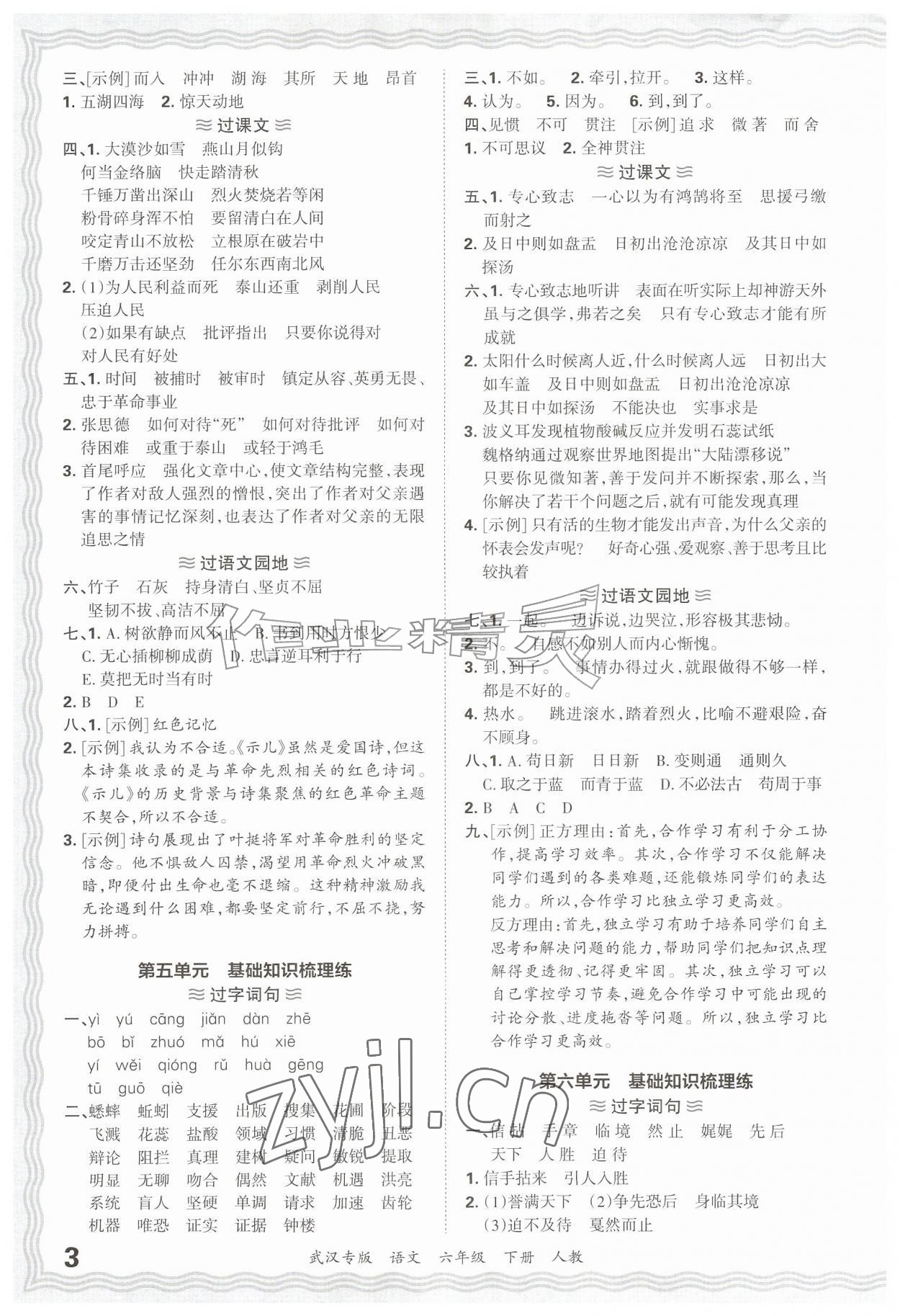 2026年王朝霞期末真题精编六年级语文下册人教版武汉专版&nbsp;参考答案第3页
