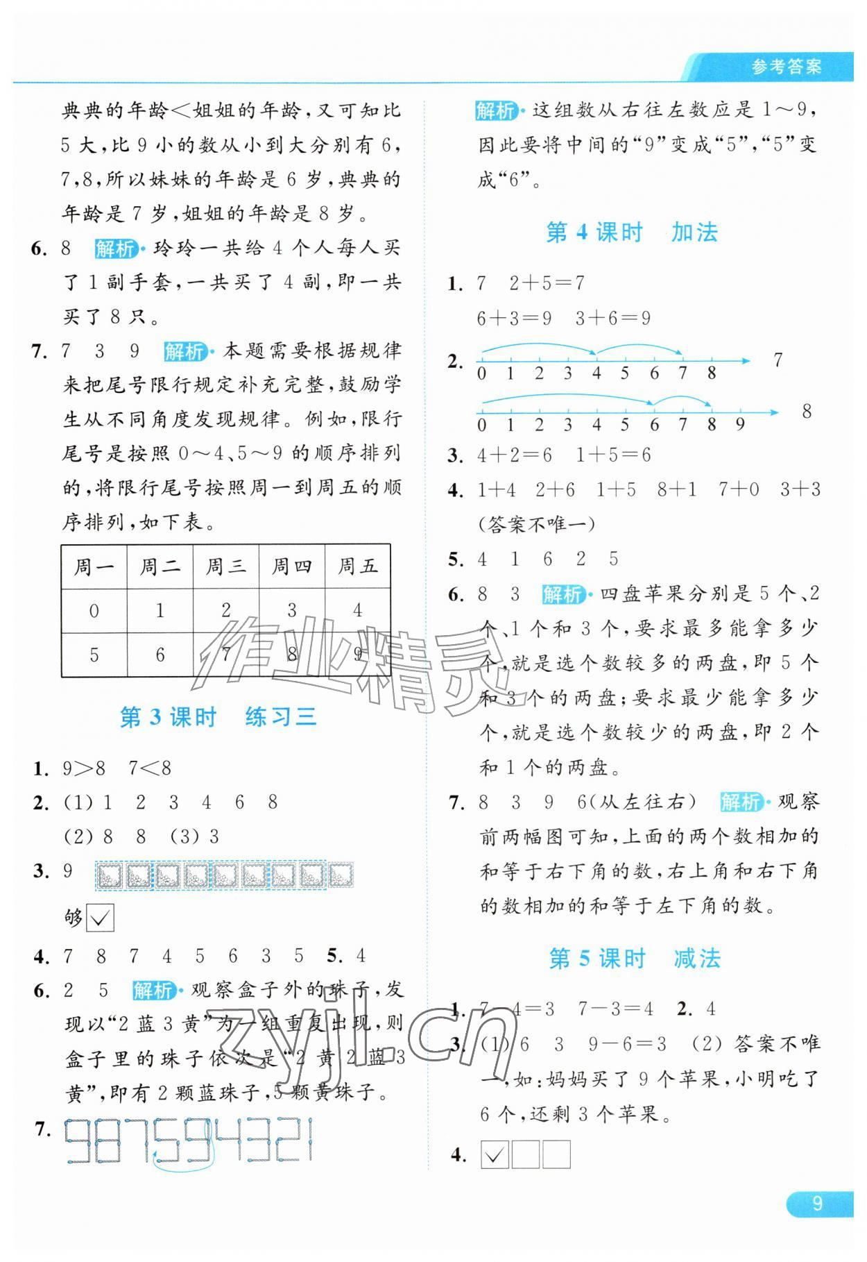 2026年亮点给力提优课时作业本一年级数学上册苏教版江苏专版&nbsp;参考答案第9页