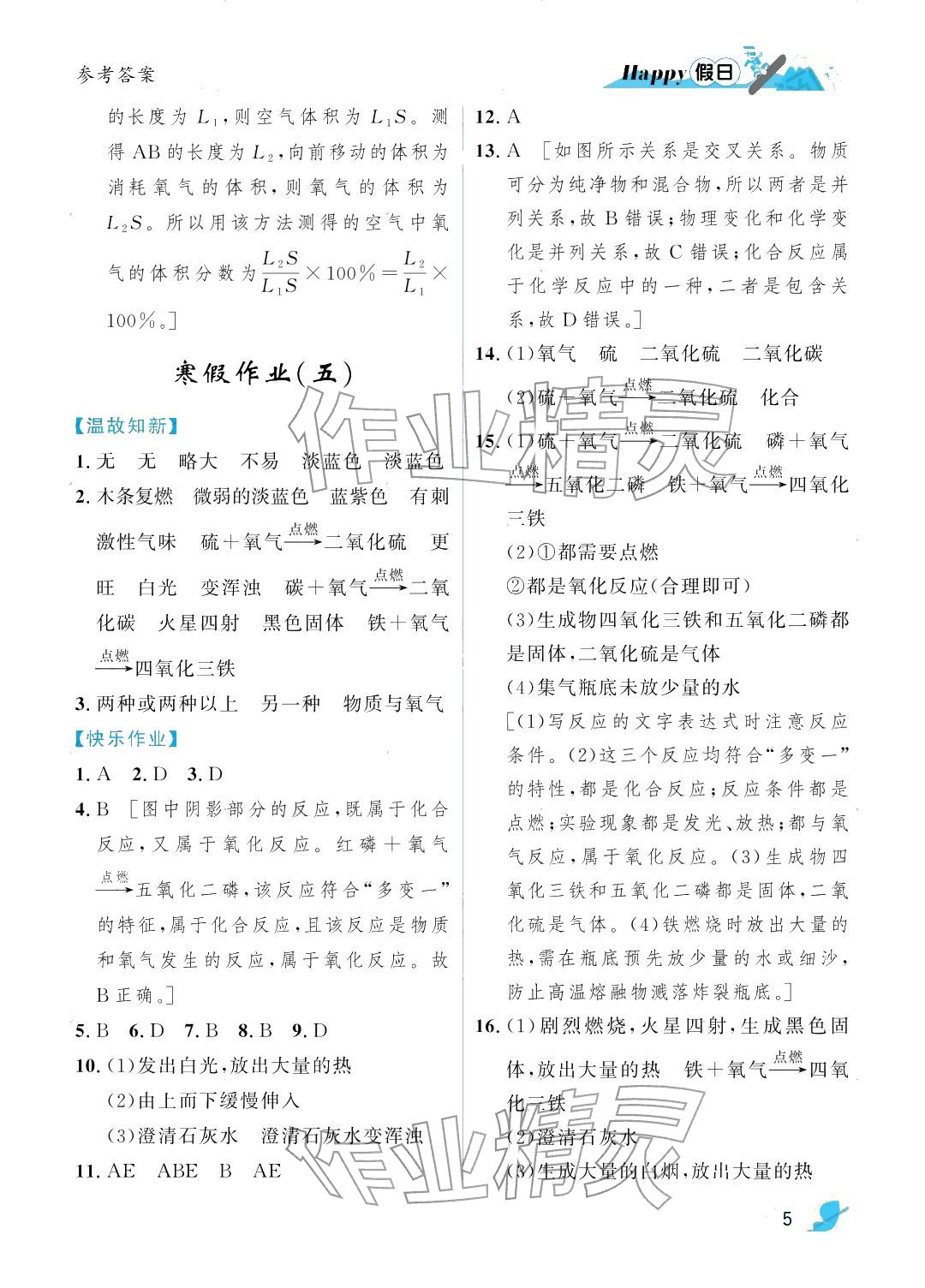 2026年寒假Happy假日九年级化学人教版&nbsp;参考答案第5页
