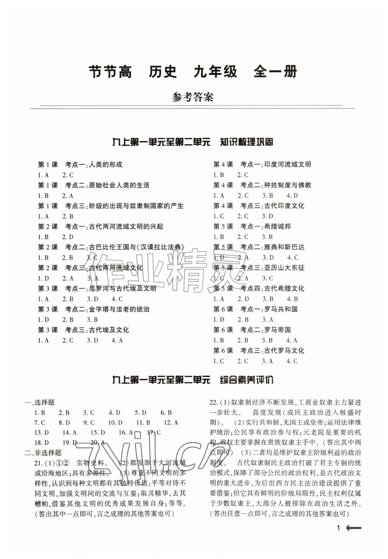 2026年节节高大象出版社九年级历史全一册人教版&nbsp;参考答案第1页