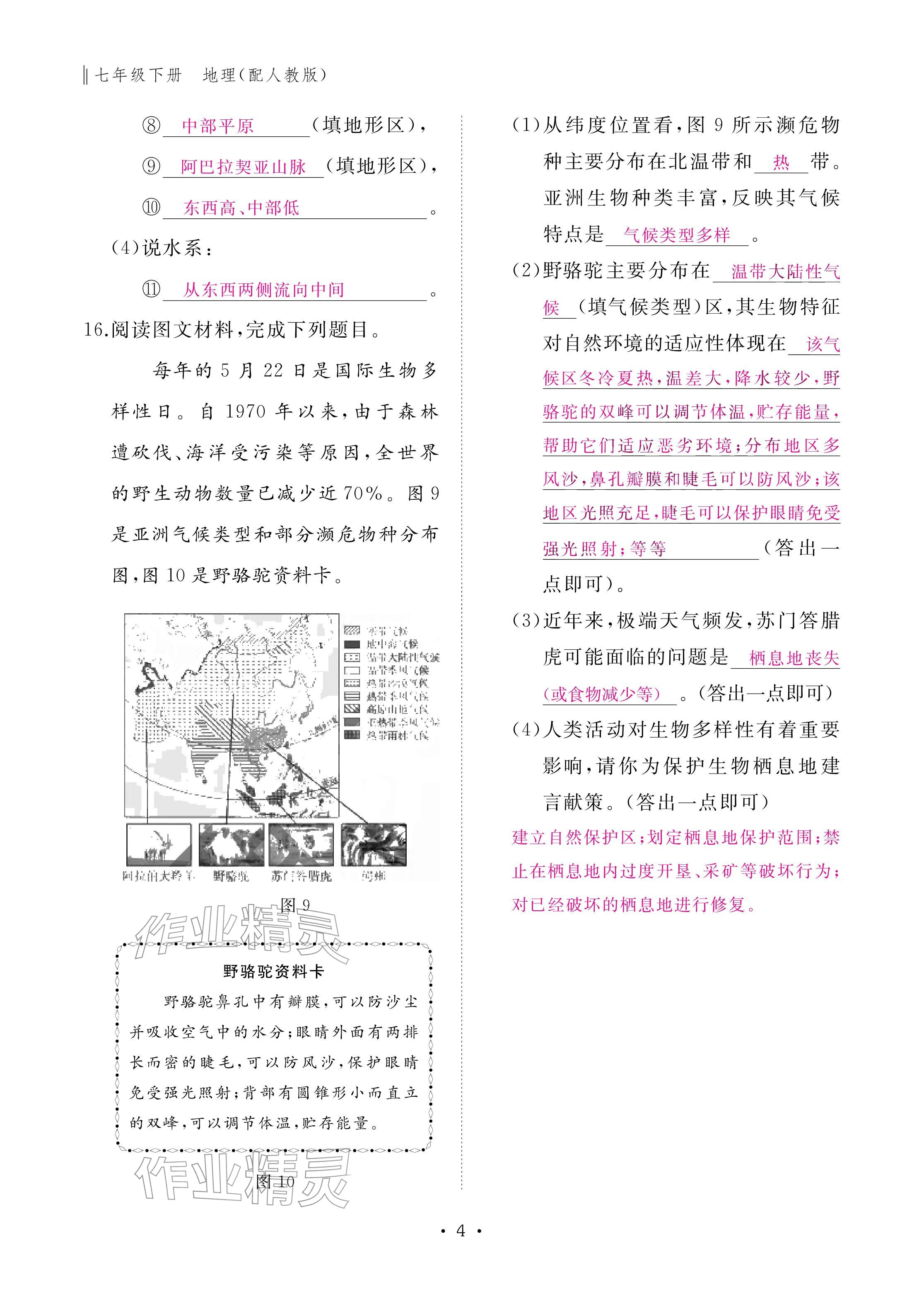 2026年作业本江西教育出版社七年级地理下册人教版&nbsp;参考答案第4页