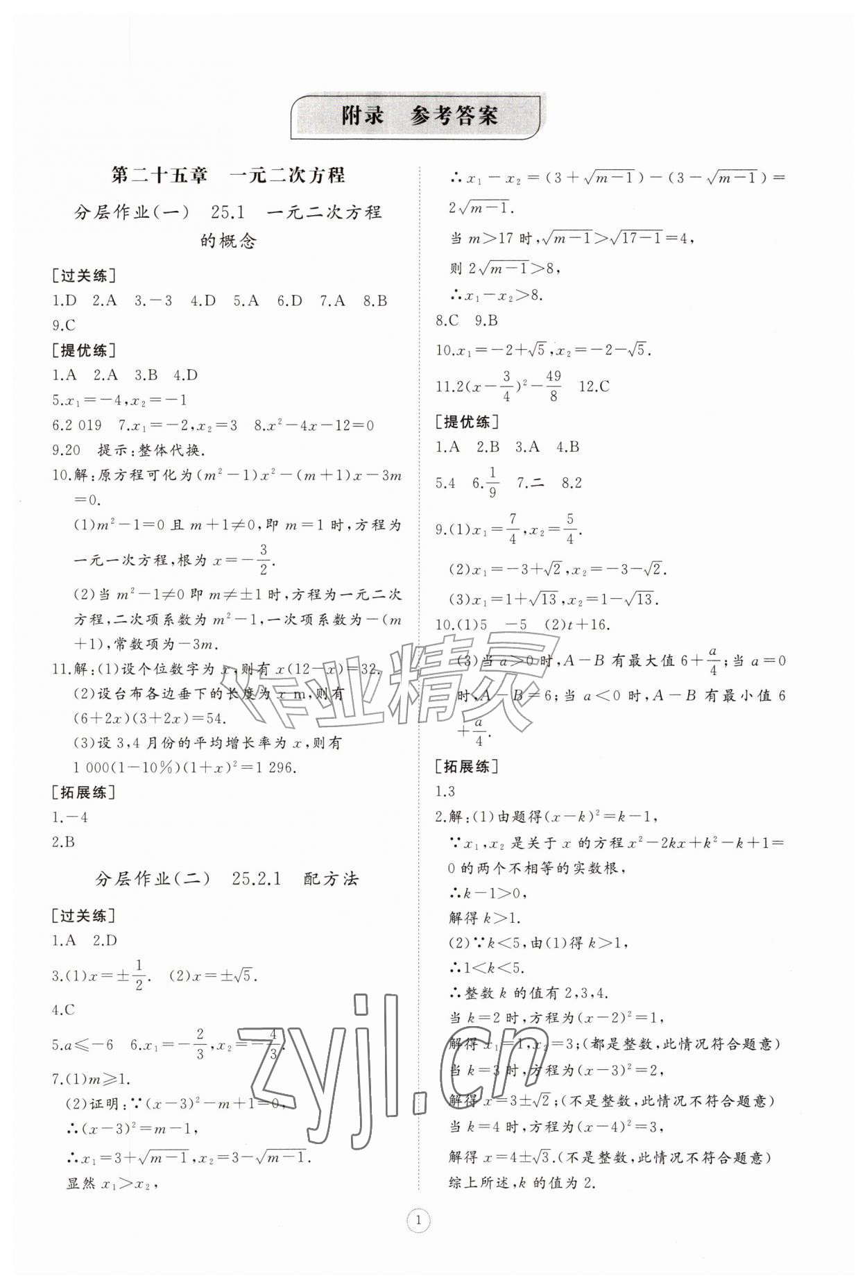 2026年同步练习册智慧作业九年级数学上册人教版&nbsp;第1页