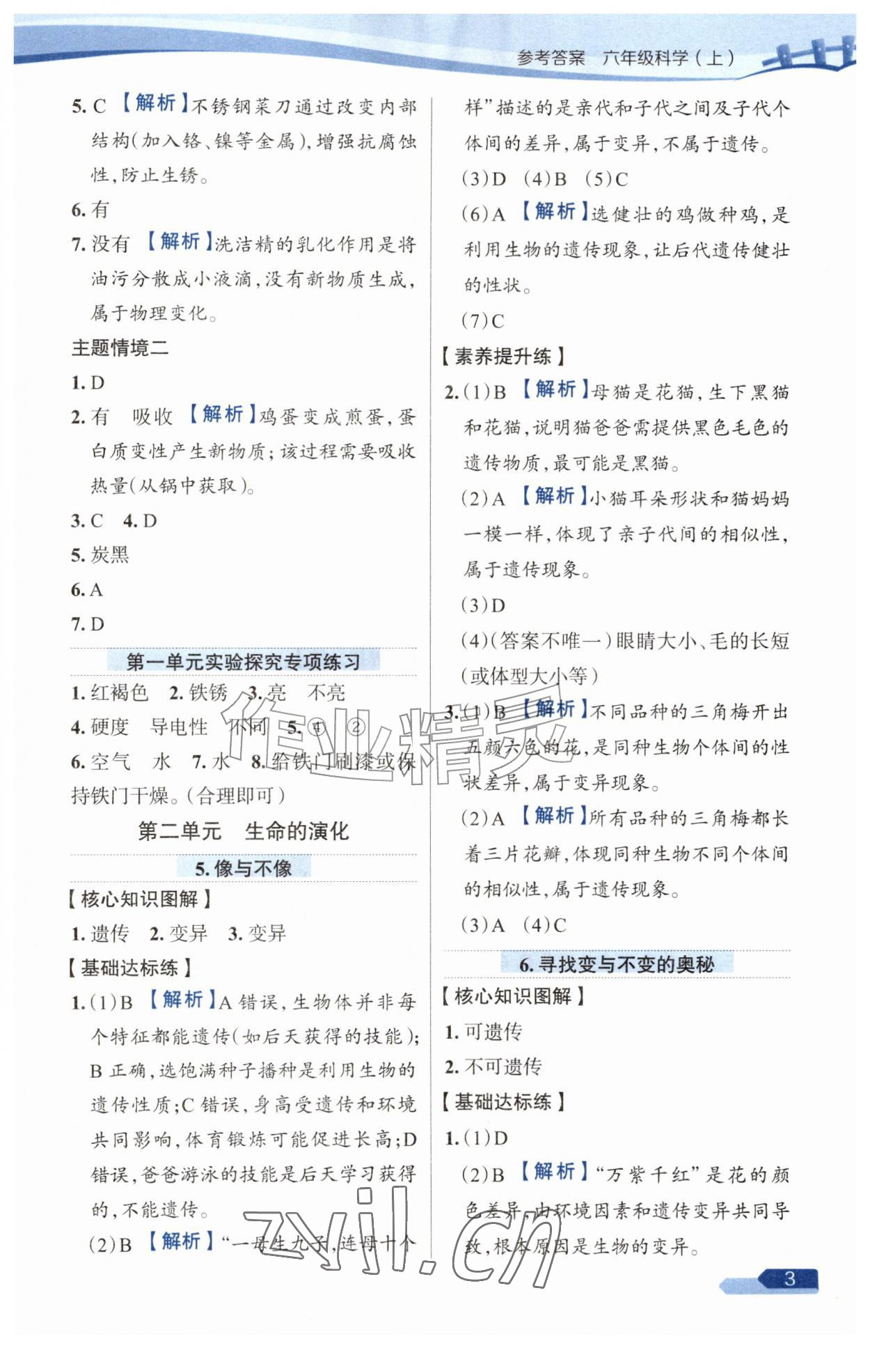 2026年教材全练六年级科学上册苏教版&nbsp;参考答案第3页