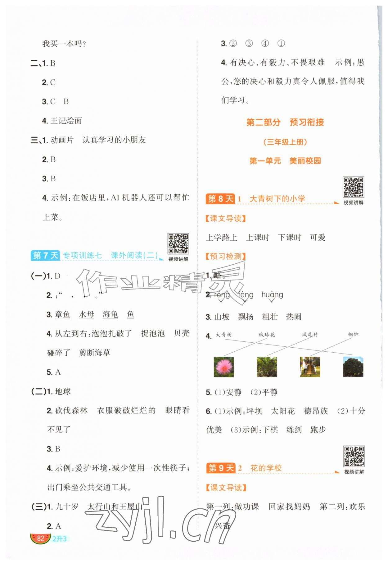 2026年阳光同学暑假衔接二升三年级语文人教版&nbsp;参考答案第3页