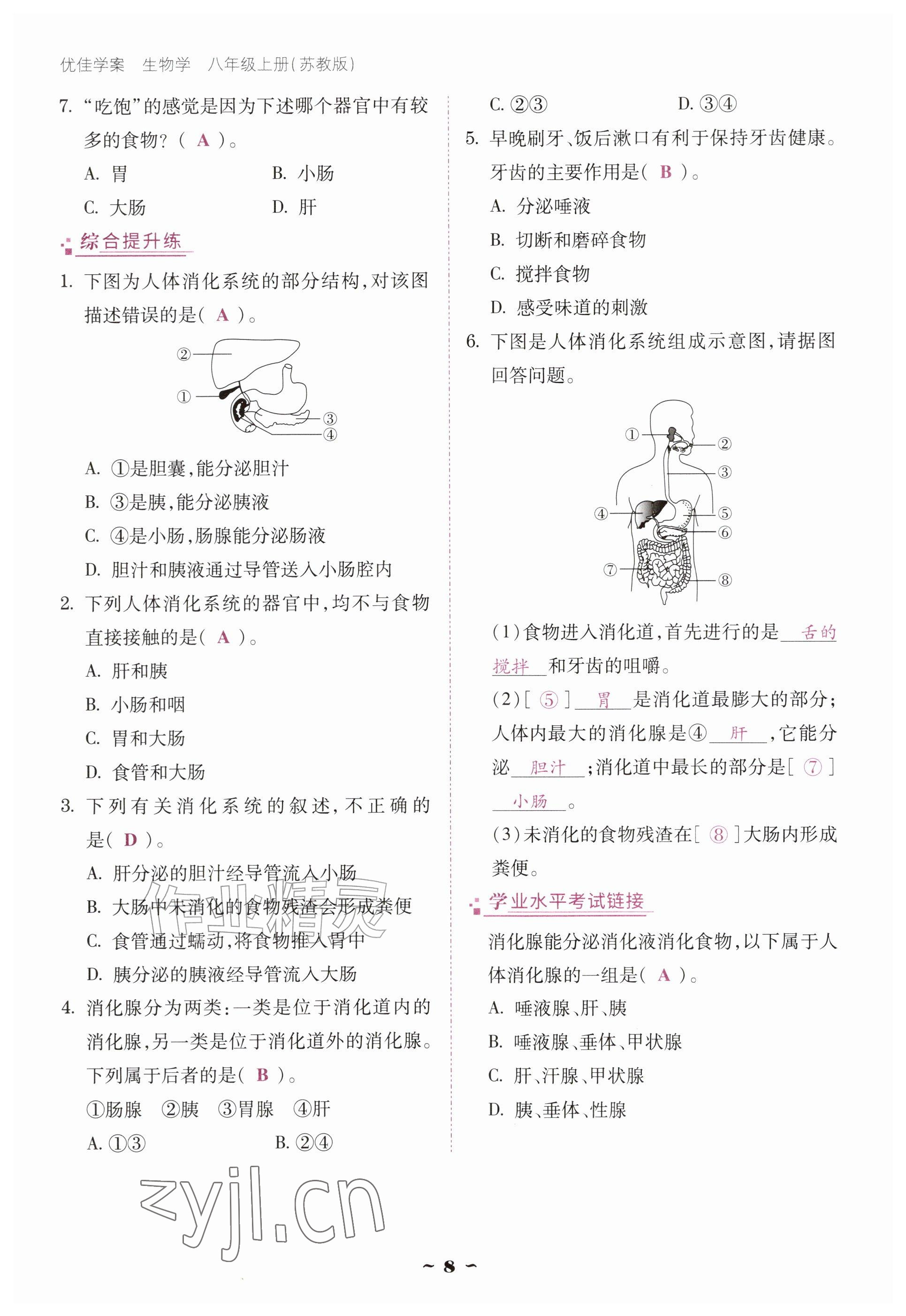 2026年优佳学案（云南）八年级生物上册苏教版&nbsp;参考答案第8页