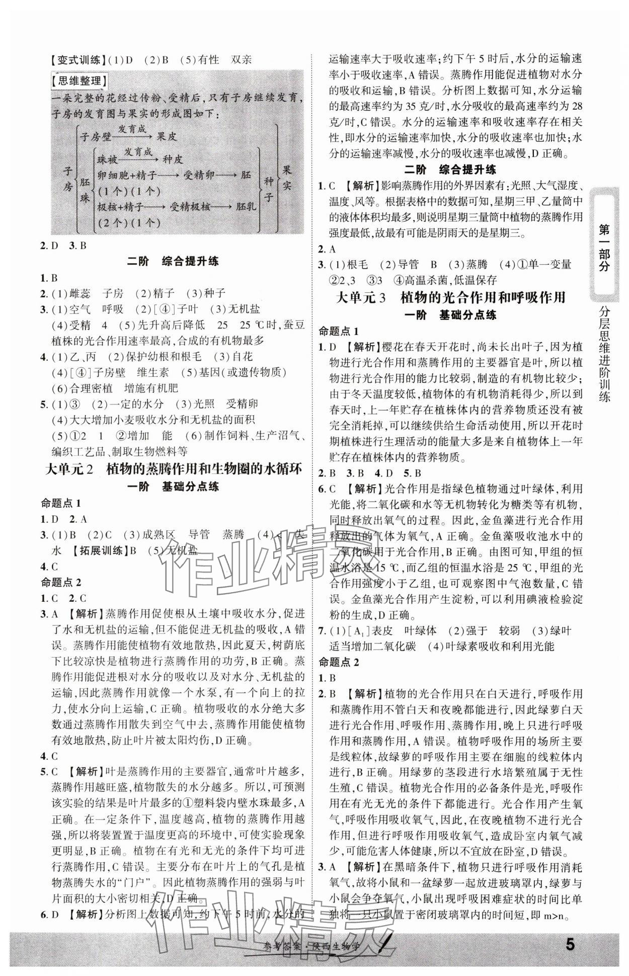 2025年一战成名新中考生物中考陕西专版&nbsp;参考答案第4页