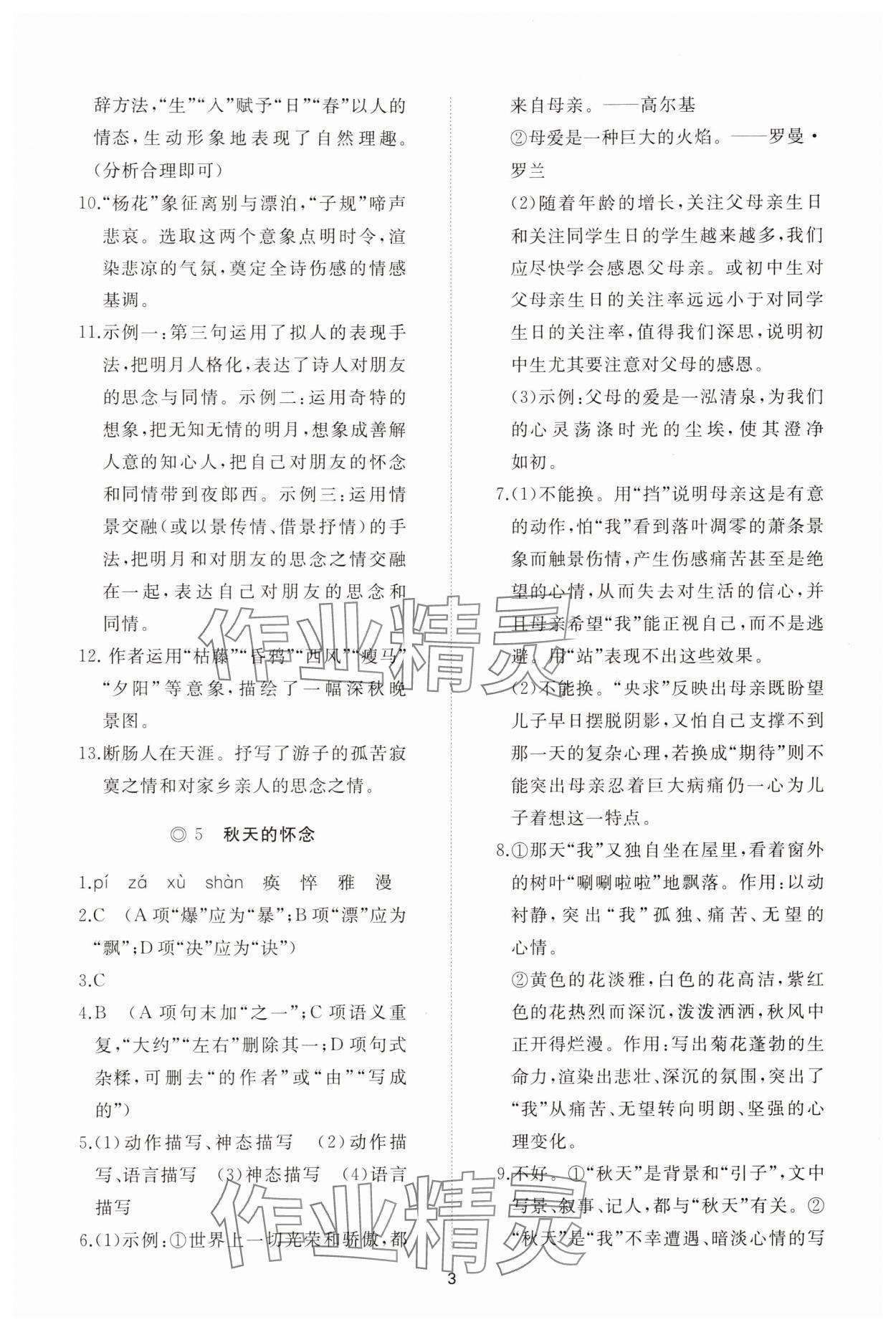 2025年同步练习册智慧拓展七年级语文上册人教版菏泽专版&nbsp;参考答案第3页