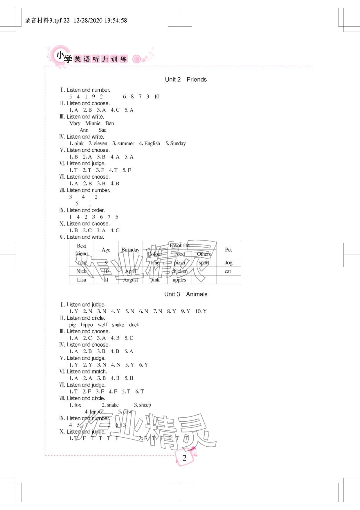 2026年小学英语听力训练武汉出版社四年级下册剑桥版&nbsp;参考答案第2页