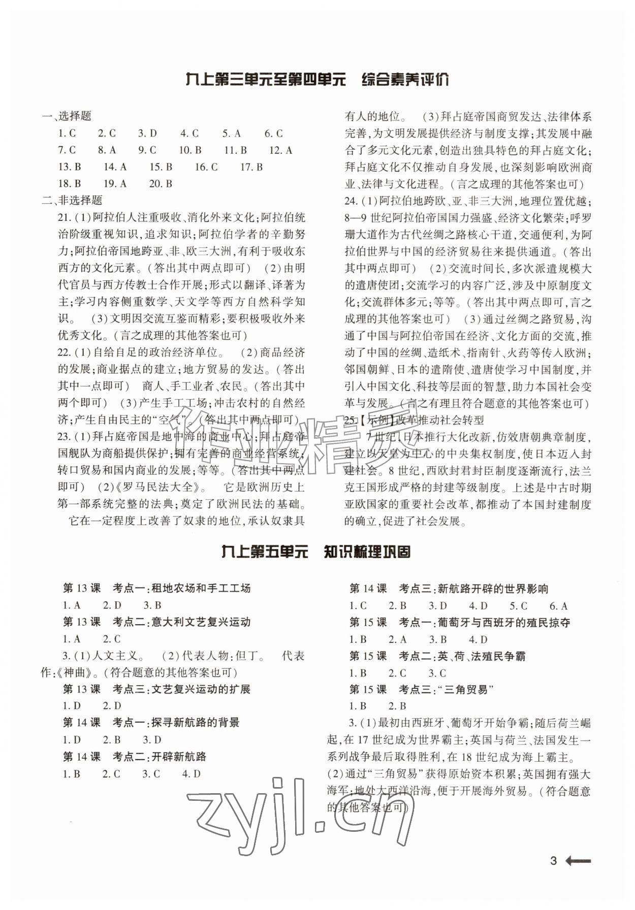 2026年节节高大象出版社九年级历史全一册人教版&nbsp;参考答案第3页
