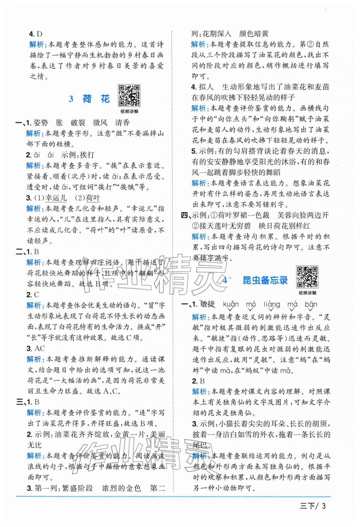 2026年阳光同学课时优化作业三年级语文下册人教版江苏专版&nbsp;参考答案第3页