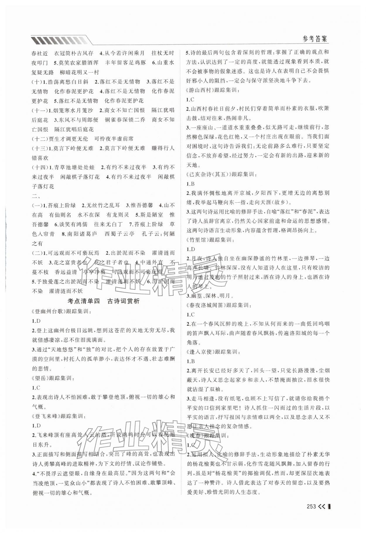 2026年初中总复习手册山东人民出版社语文&nbsp;参考答案第4页