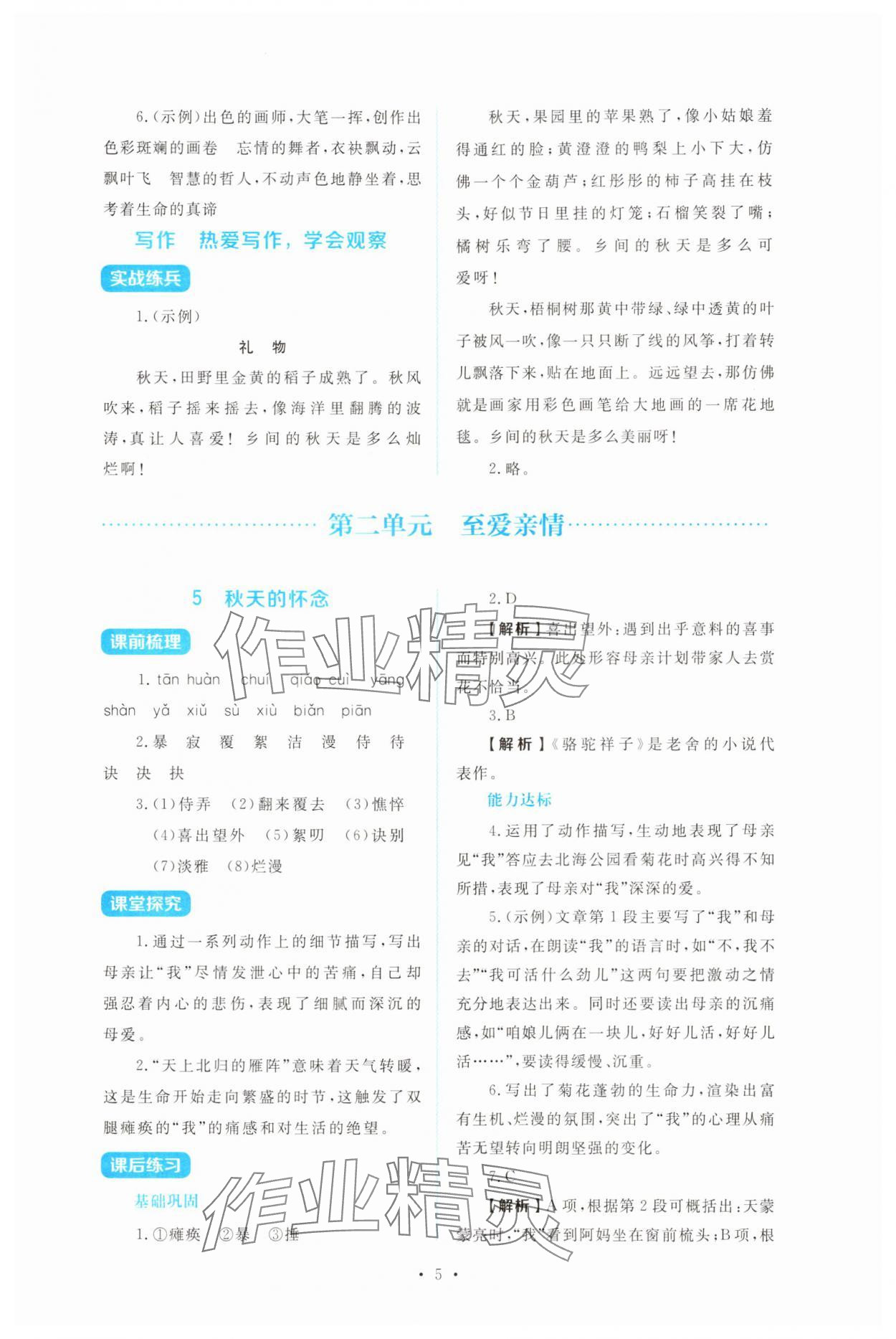 2025年金学典同步解析与测评贵州人民出版社七年级语文上册人教版&nbsp;第5页
