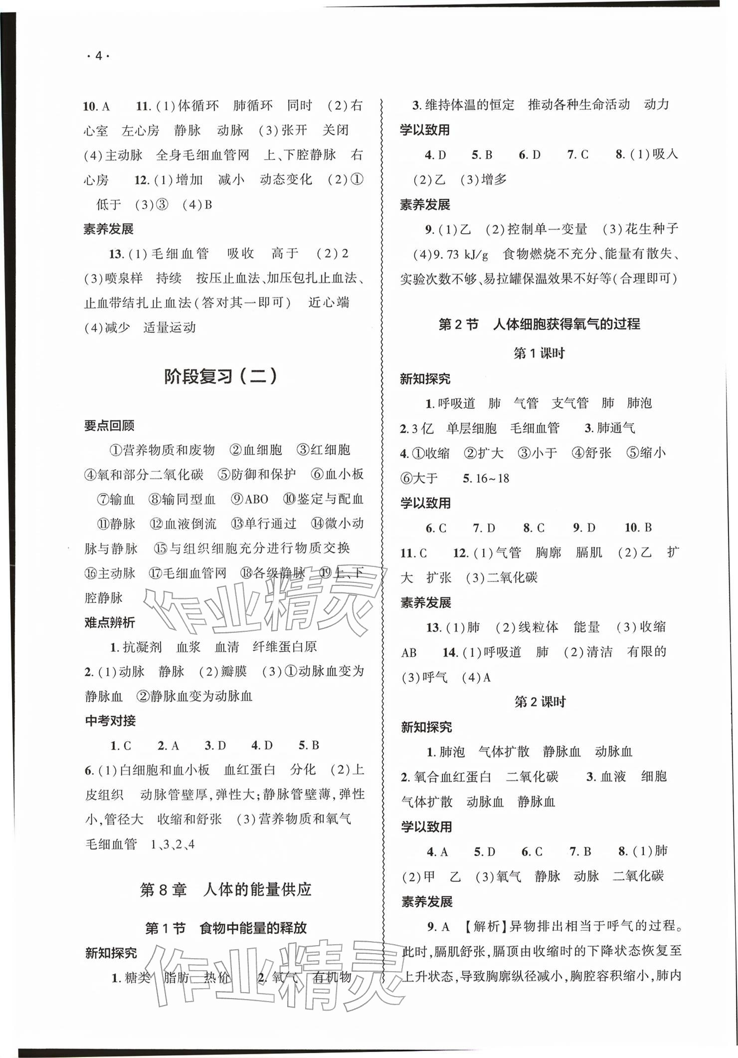 2026年基础训练大象出版社七年级生物下册北师大版&nbsp;参考答案第4页
