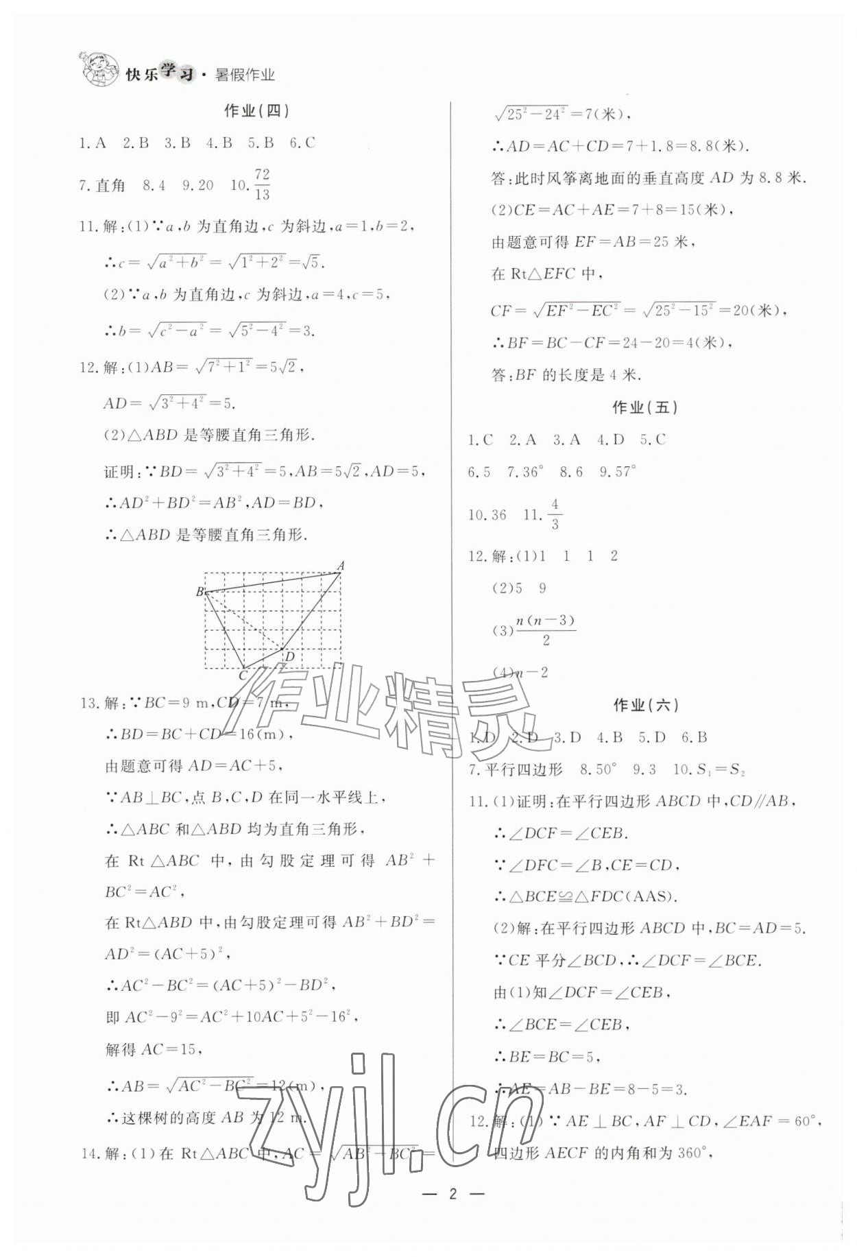 2026年快乐学习暑假作业八年级数学东方出版社&nbsp;第2页