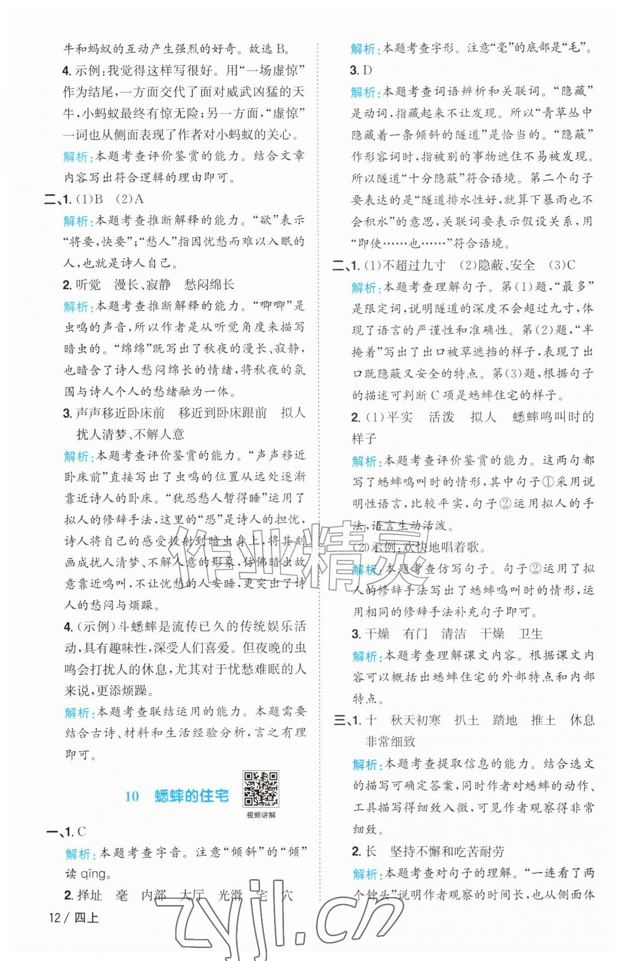 2026年阳光同学课时优化作业四年级语文上册人教版&nbsp;参考答案第12页