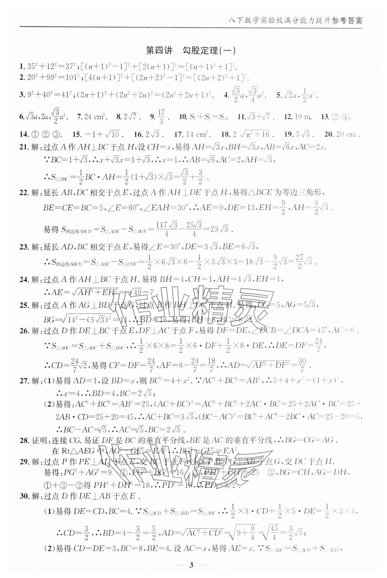2025年实验校满分能力提升八年级数学下册人教版&nbsp;参考答案第3页