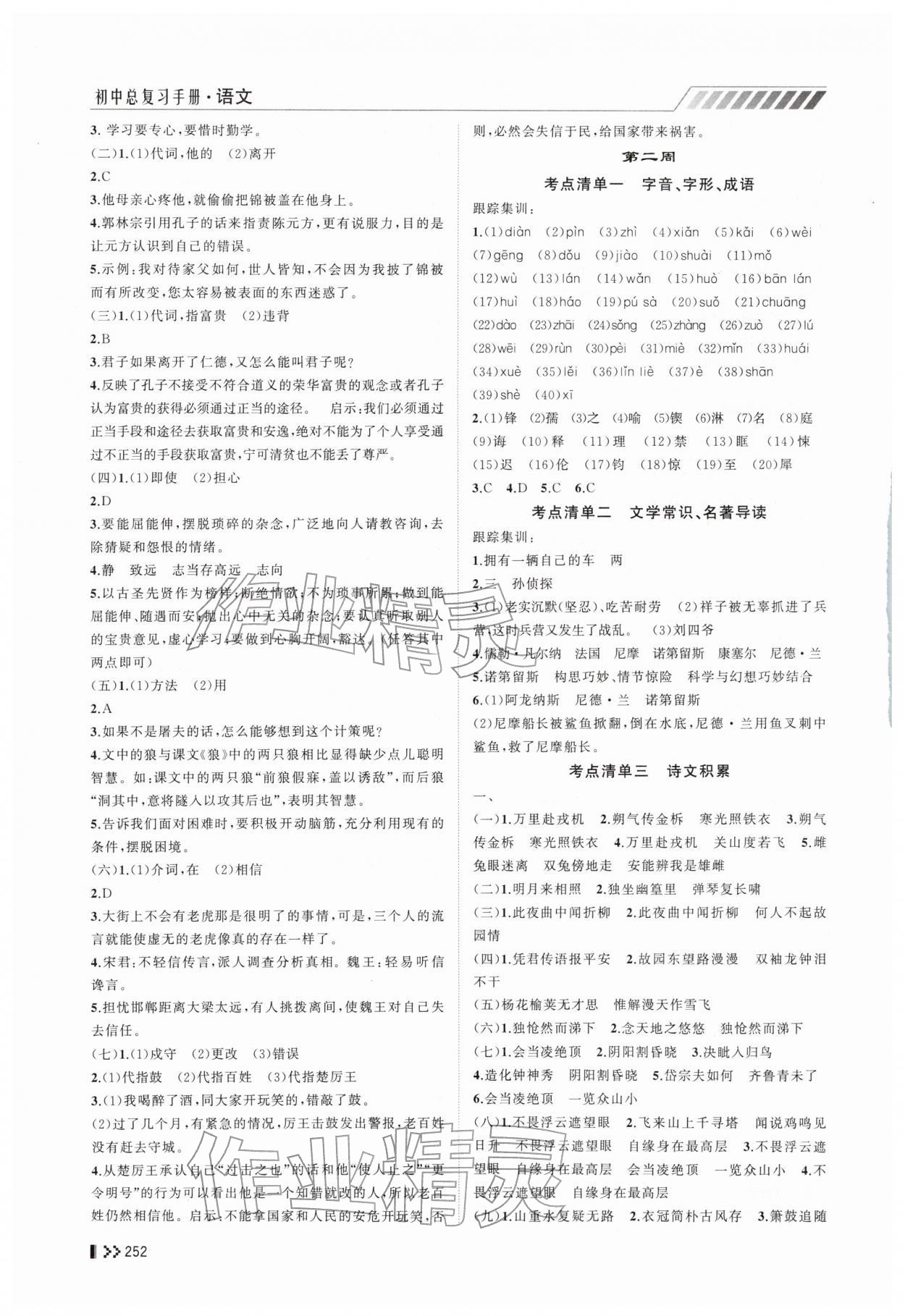 2026年初中总复习手册山东人民出版社语文&nbsp;参考答案第3页