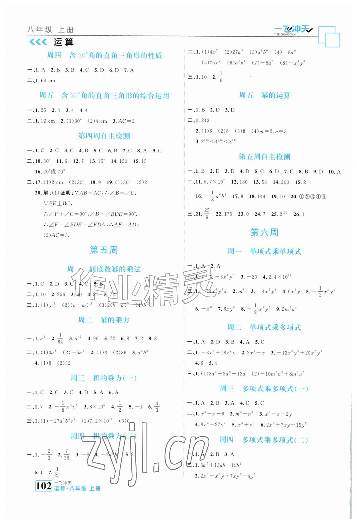 2026年一飞冲天运算八年级数学上册人教版&nbsp;参考答案第4页
