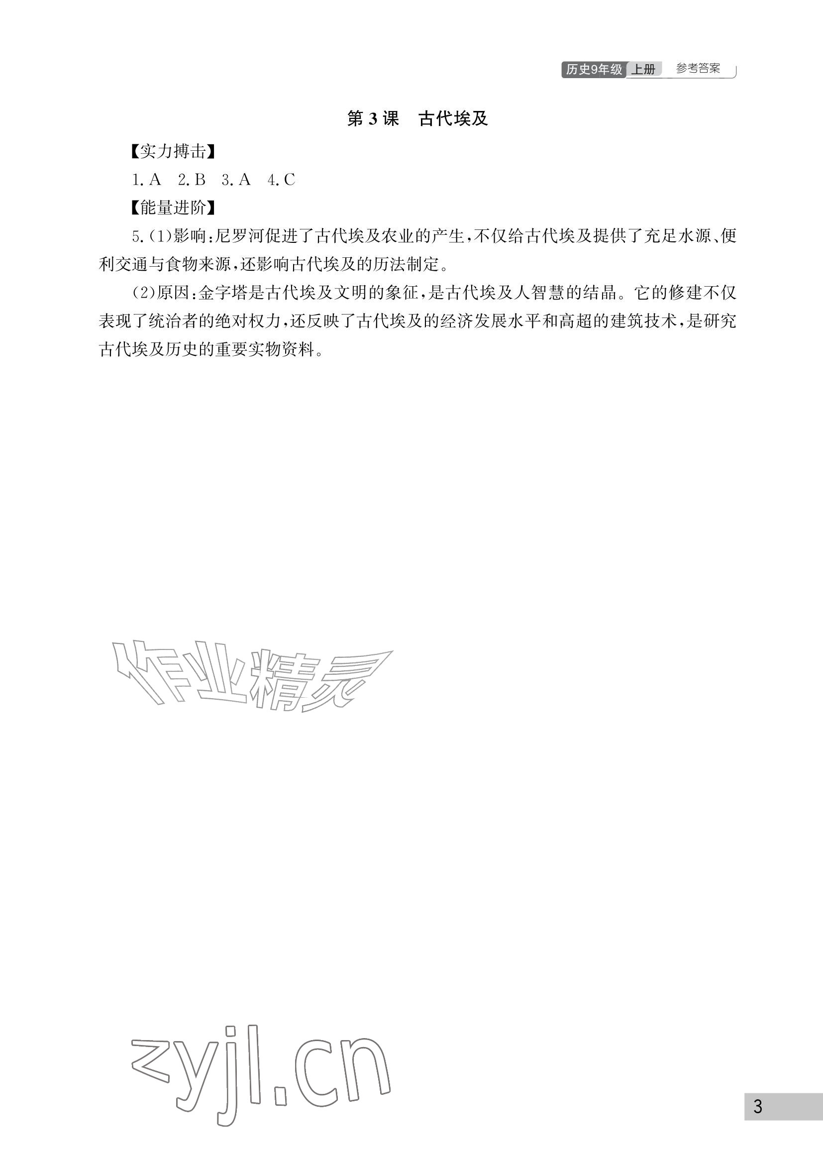 2026年课堂作业武汉出版社九年级历史上册人教版&nbsp;参考答案第3页
