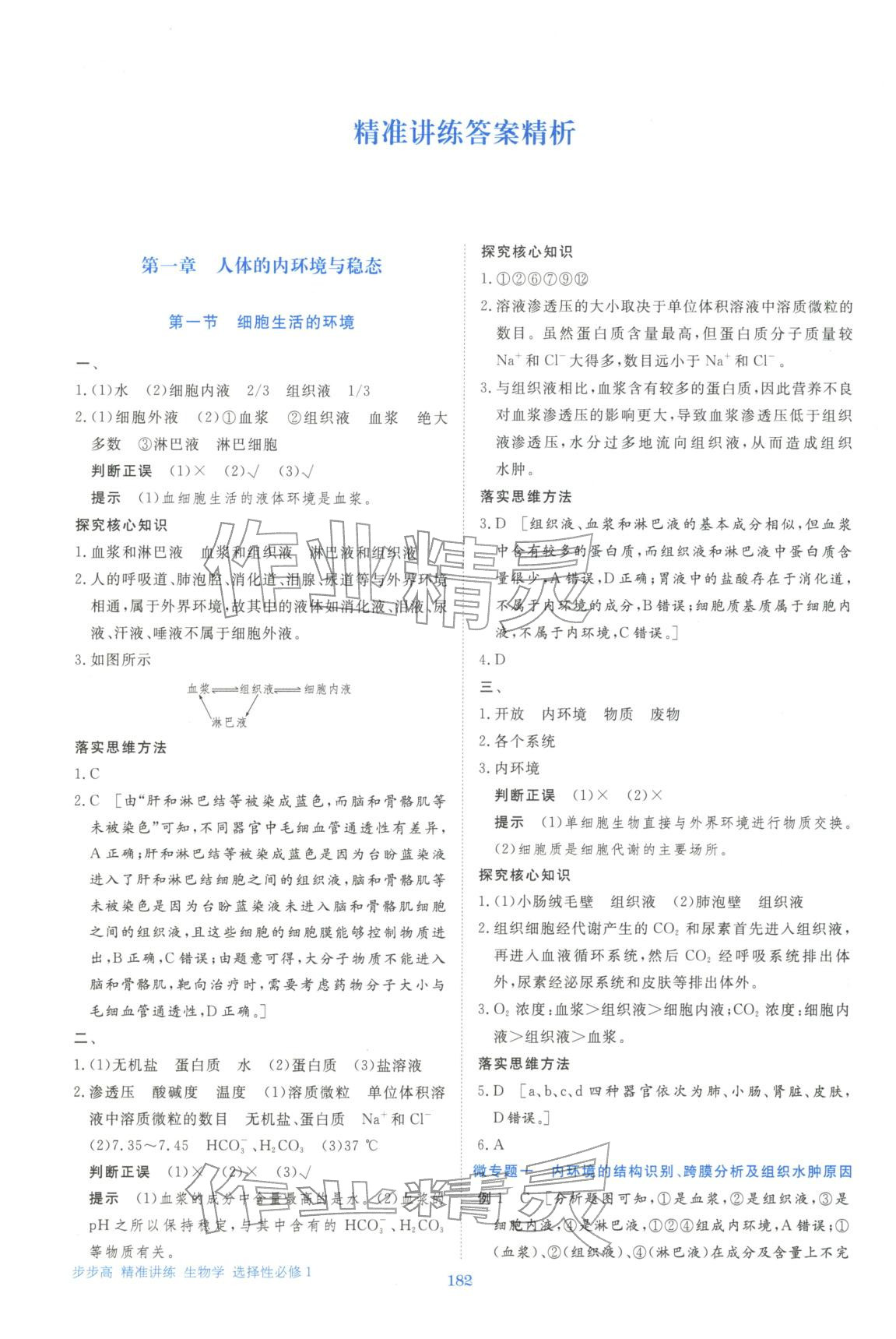 2025年步步高精准讲练生物选择性必修第一册&nbsp;参考答案第1页