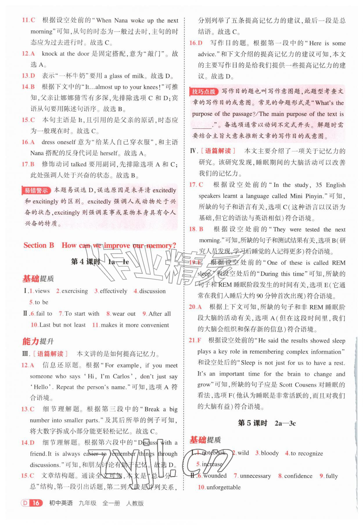 2026年5年中考3年模拟九年级英语全一册人教版&nbsp;参考答案第16页