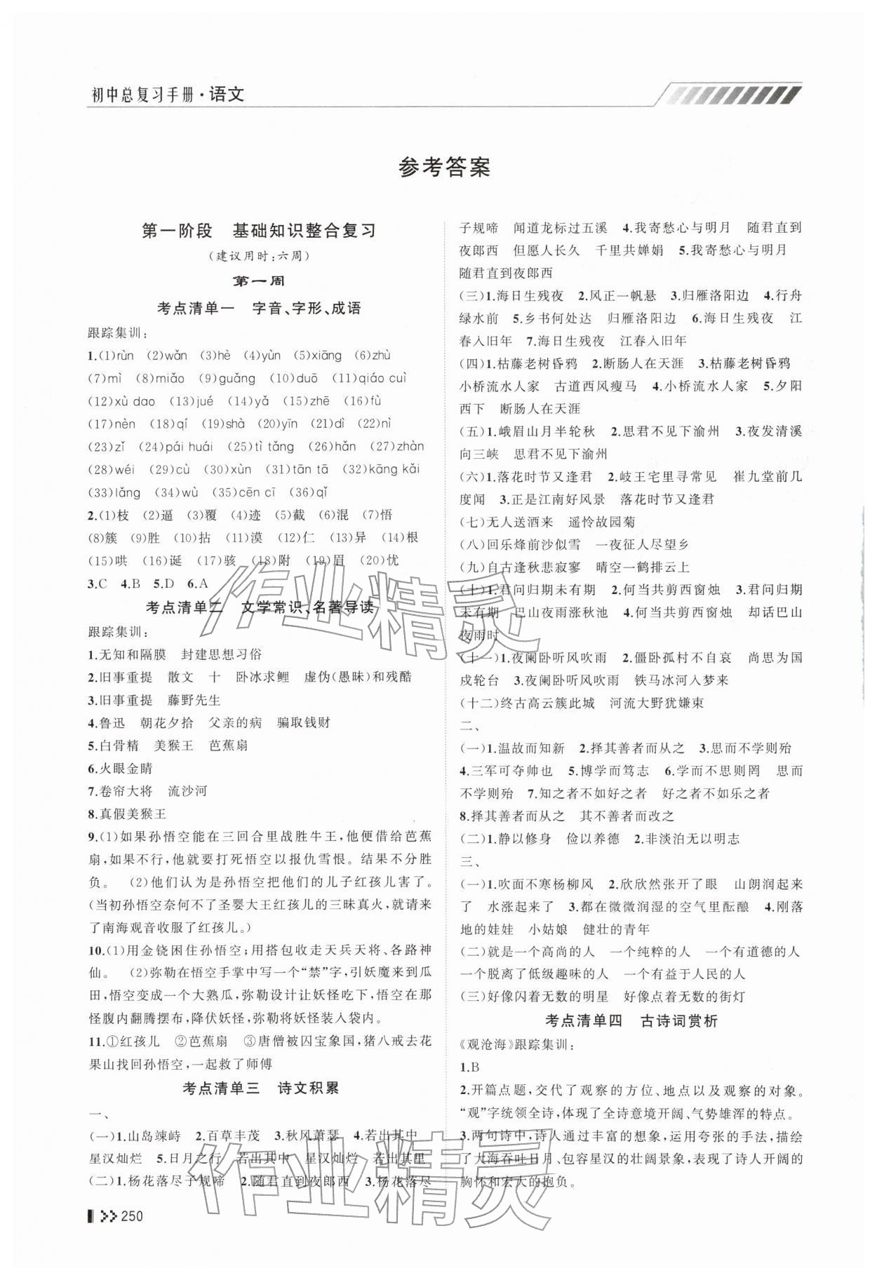 2026年初中总复习手册山东人民出版社语文&nbsp;参考答案第1页