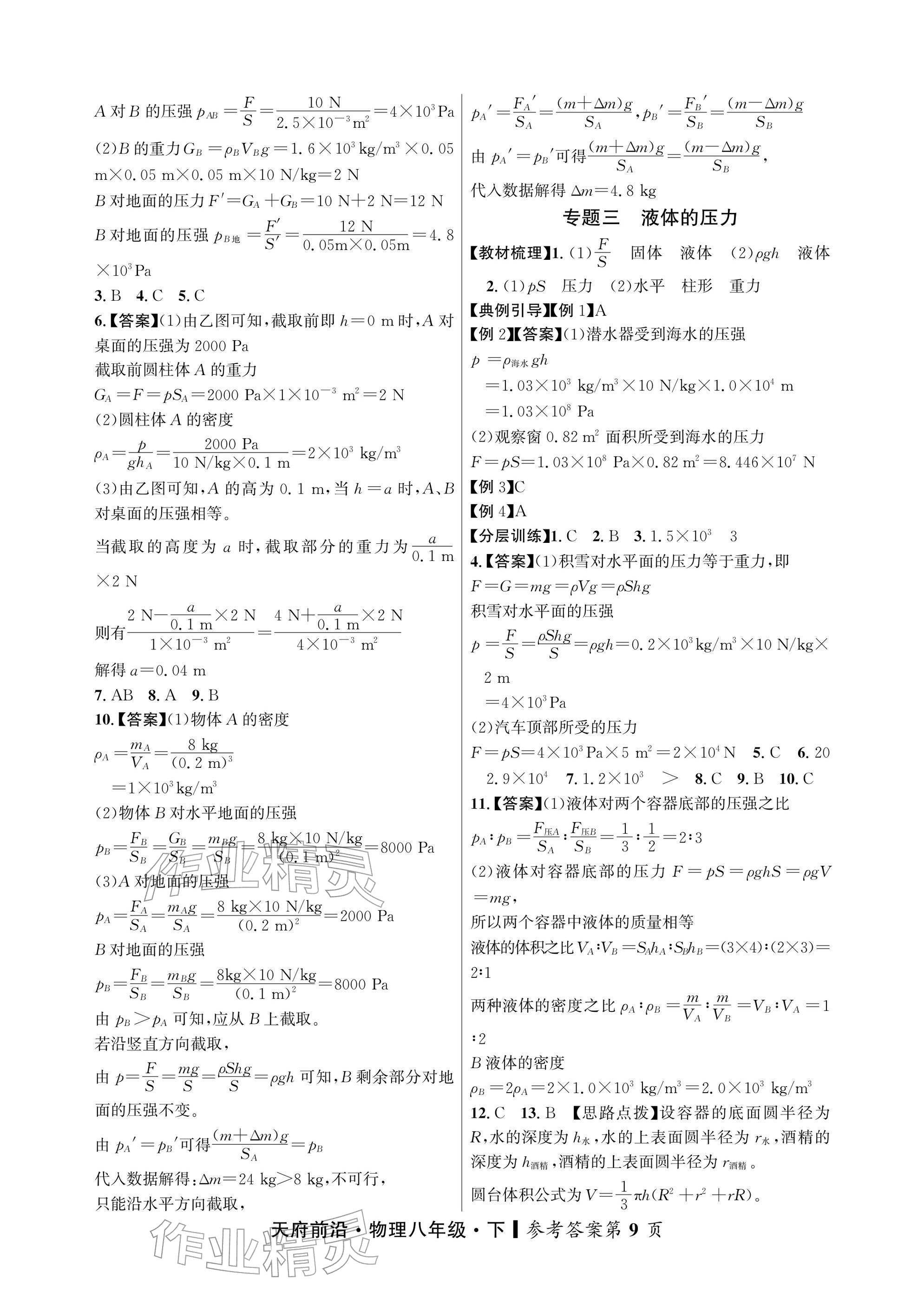 2026年天府前沿八年级物理下册教科版&nbsp;参考答案第9页