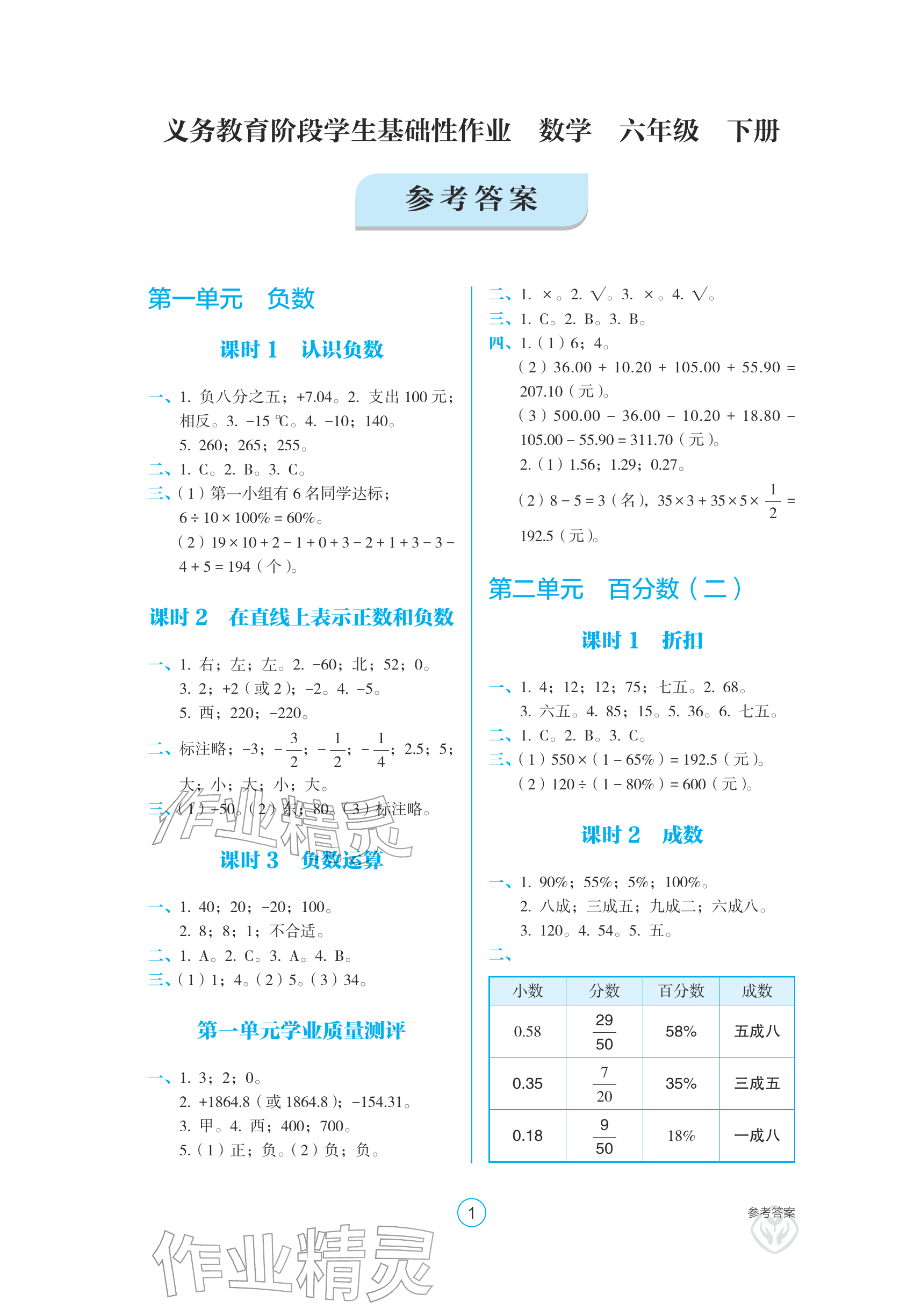 2026年学生基础性作业六年级数学下册人教版&nbsp;参考答案第1页