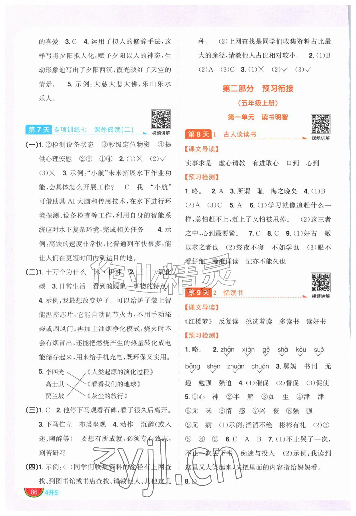 2026年阳光同学暑假衔接四升五语文人教版&nbsp;参考答案第3页