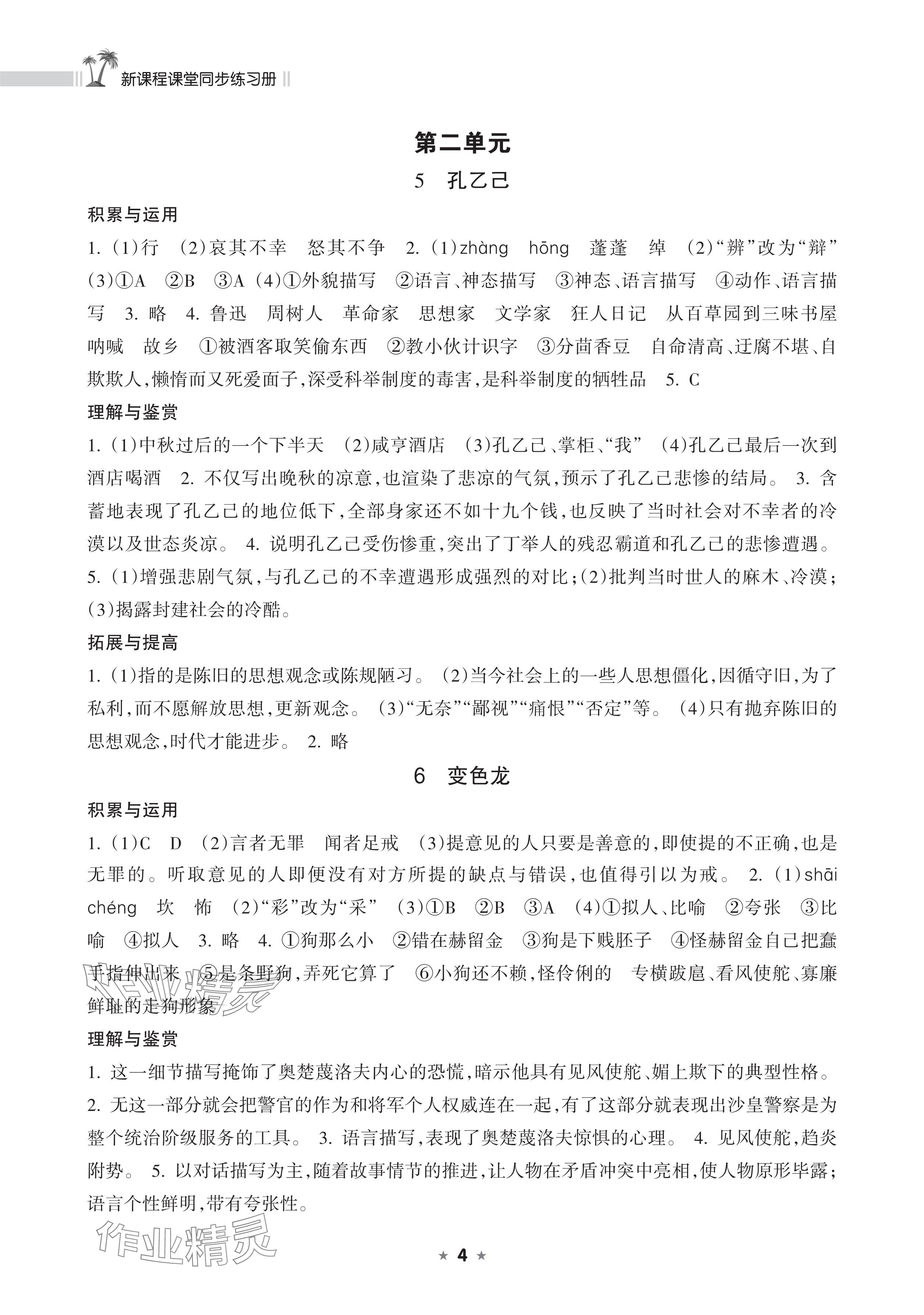 2026年新课程课堂同步练习册九年级语文下册人教版&nbsp;参考答案第4页