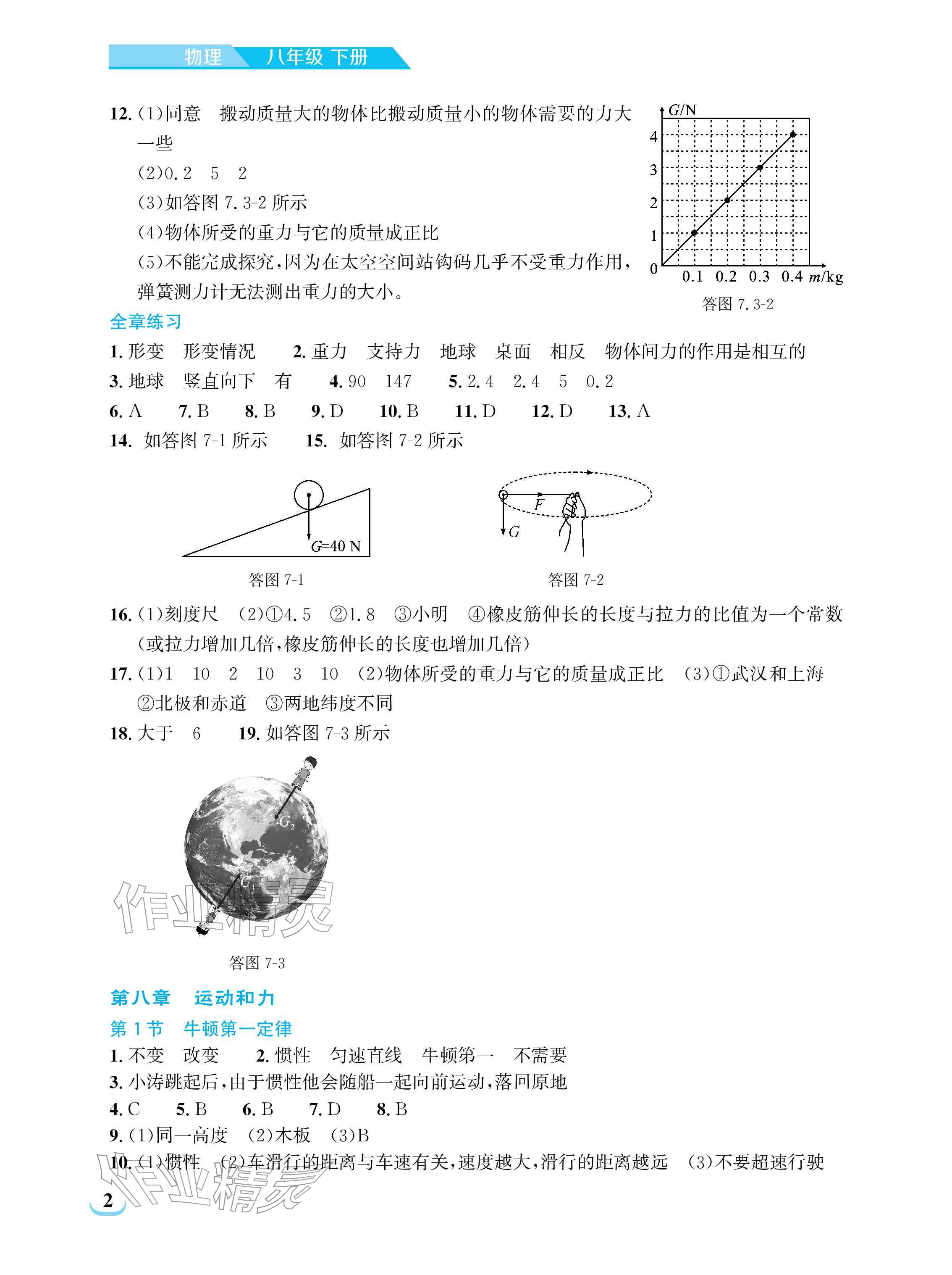 2026年长江作业本同步练习册八年级物理下册人教版&nbsp;参考答案第2页