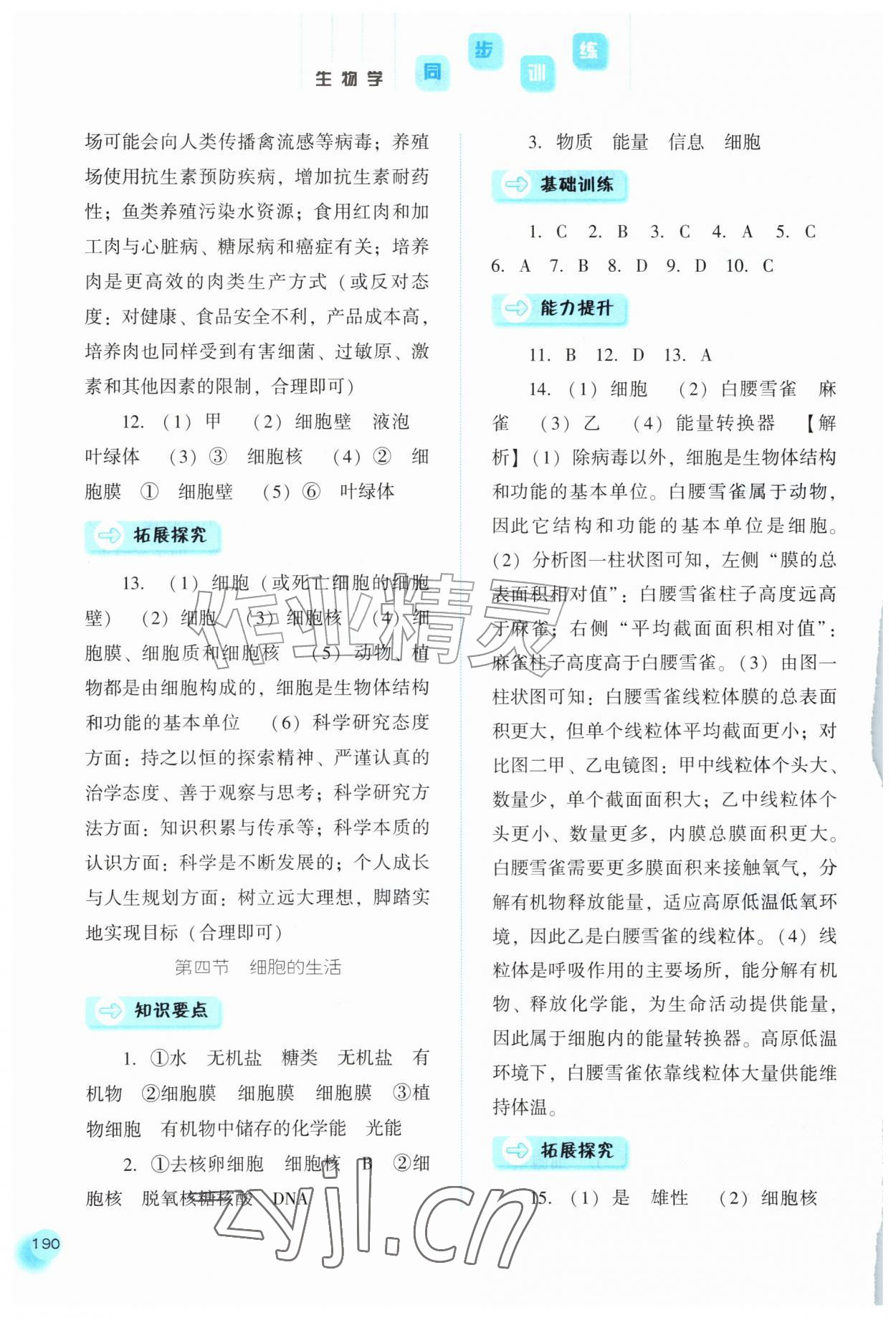 2026年同步训练河北人民出版社七年级生物上册人教版&nbsp;参考答案第5页