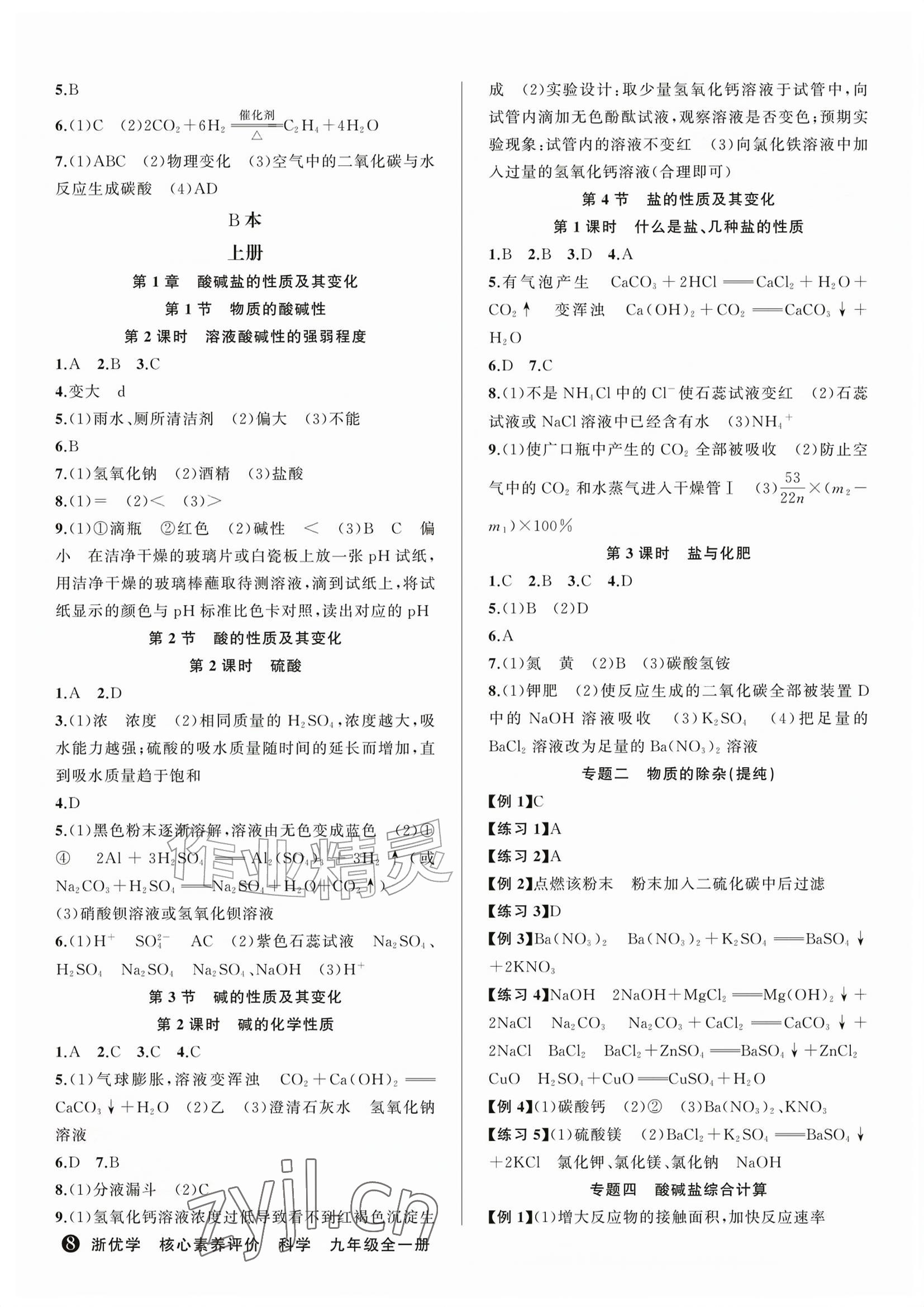 2026年浙优学核心素养评价九年级科学上册浙教版&nbsp;参考答案第8页