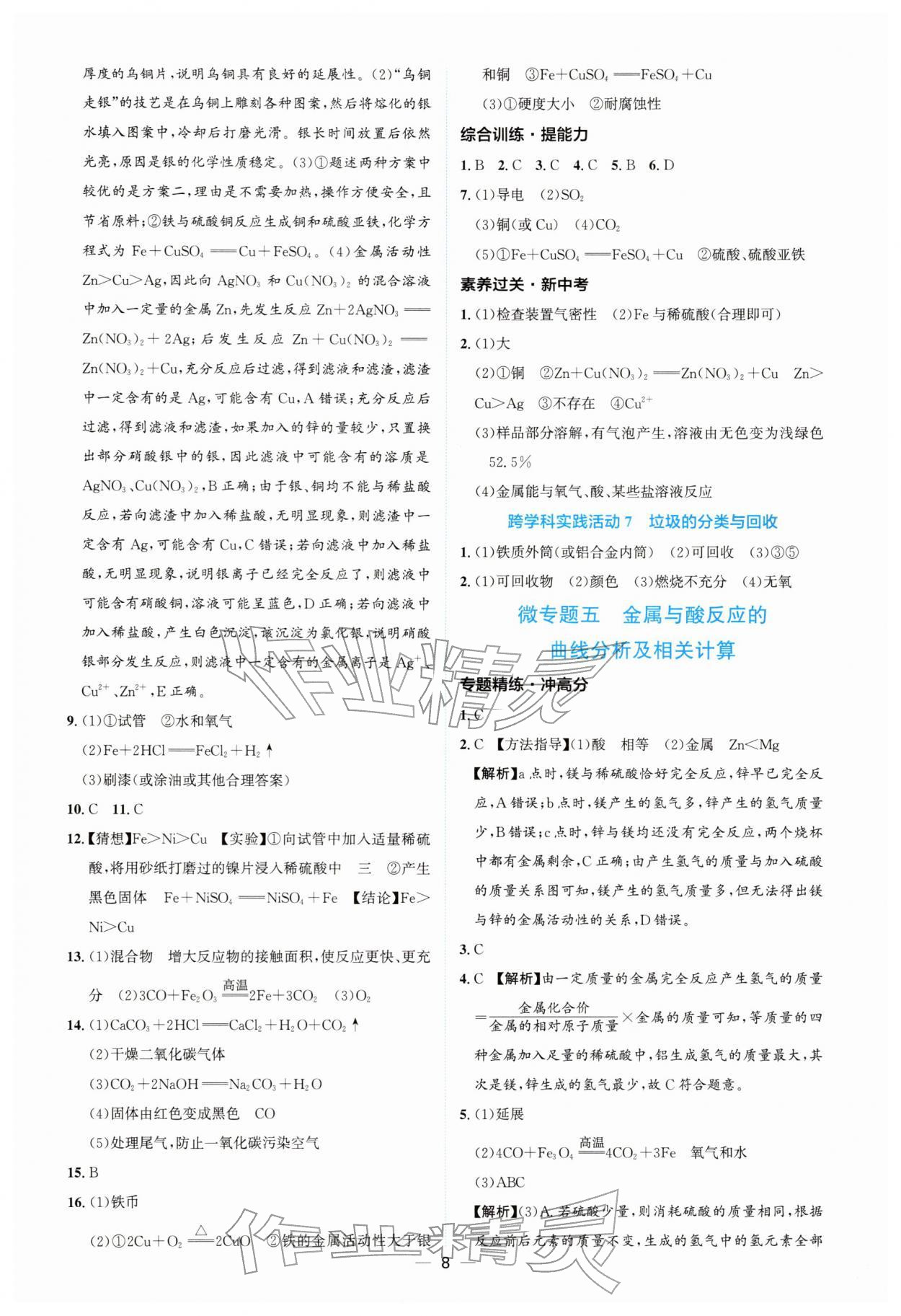 2026年云南中考提分攻略化学&nbsp;参考答案第8页